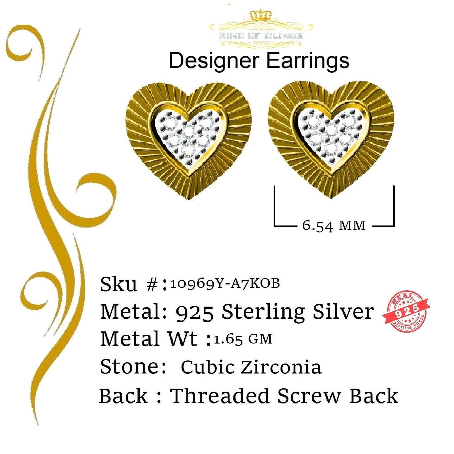 King of Bling's Aretes Para Hombre 925 Yellow Silver 1.28ct Cubic Zirconia Heart Women Earring KING OF BLINGS