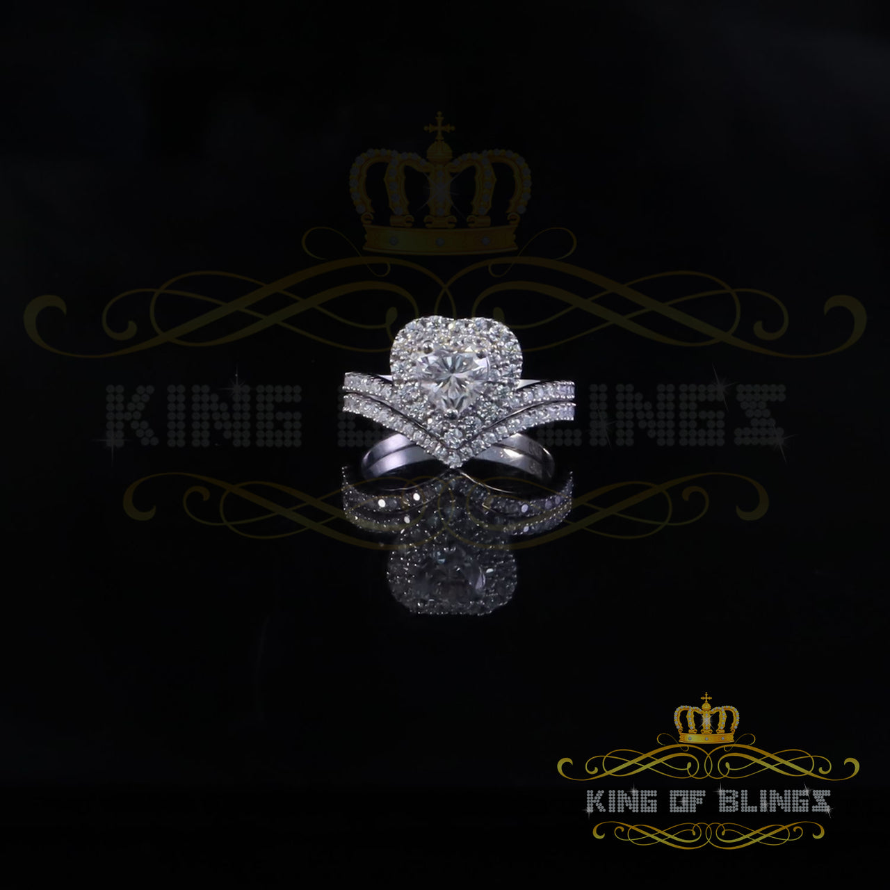 King of Bling's Heart Shape 1.66ct VVS D clr Moissanite Women Silver White Bridal Ring Size 7