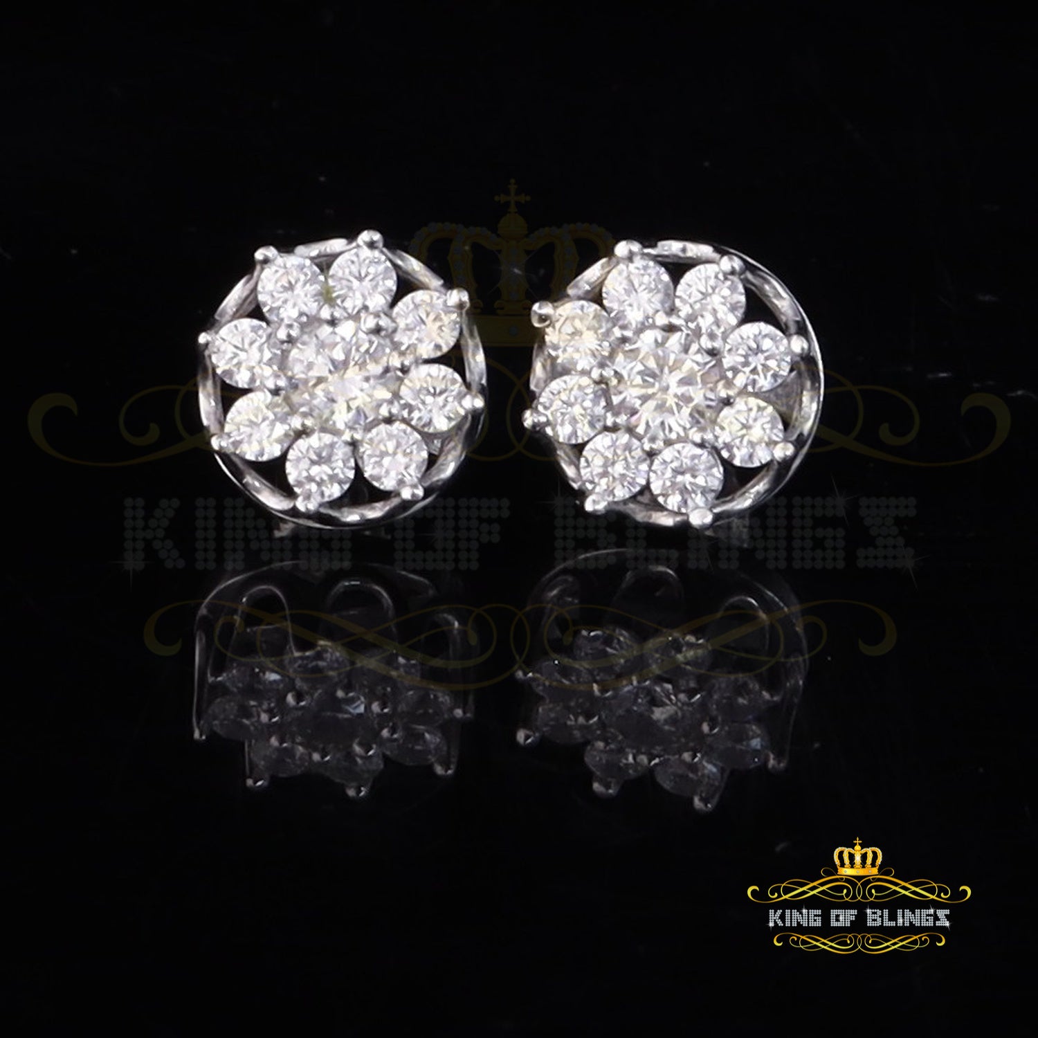 King of Blings- 3.20ct Cubic Zirconia 925 White Sterling Silver Hip Hop Flower Ladies Earrings KING OF BLINGS