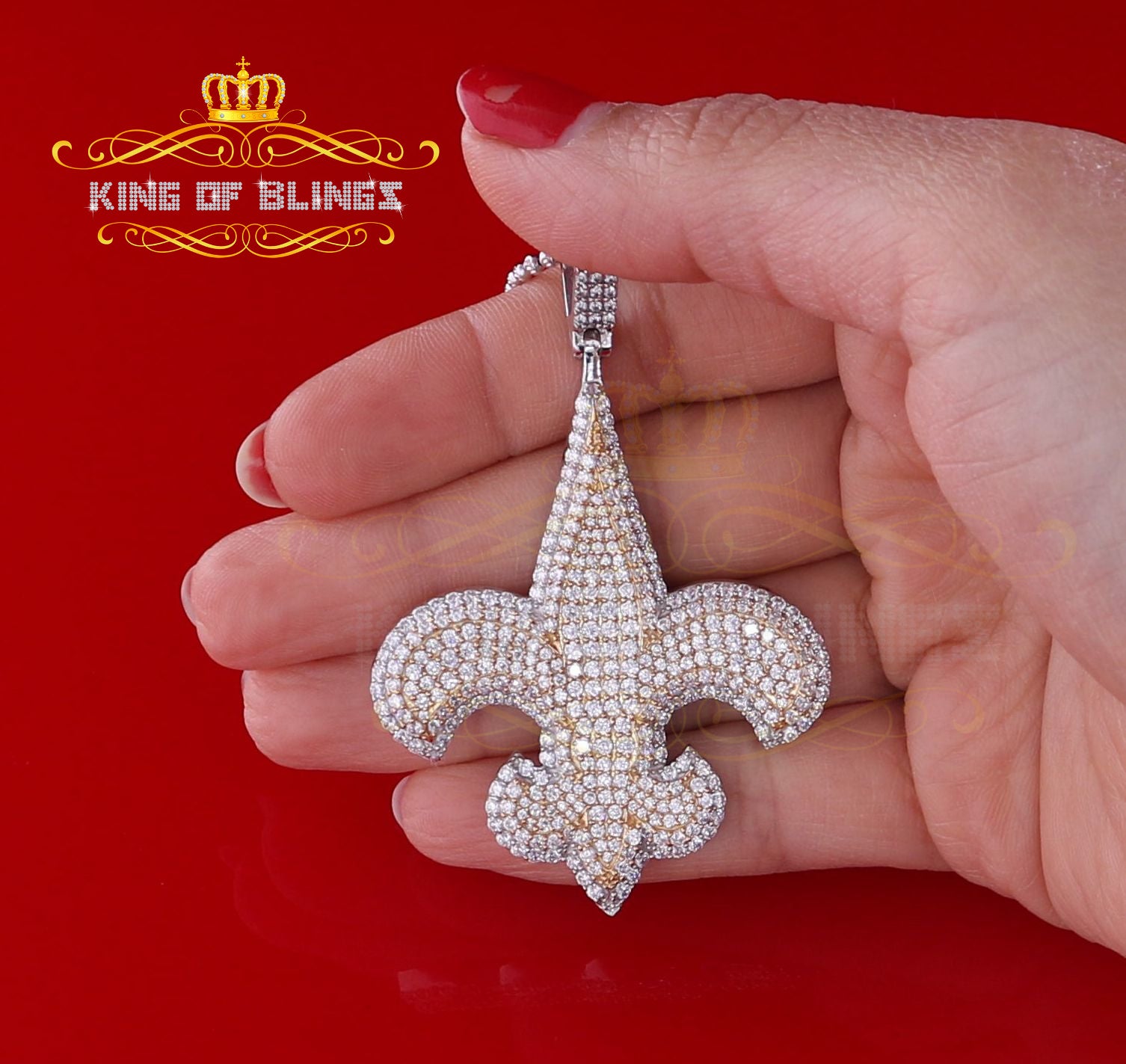 925 Sterling Silver Fleur de Lis Shape White Pendant with 9.66ct Cubic Zirconia KING OF BLINGS