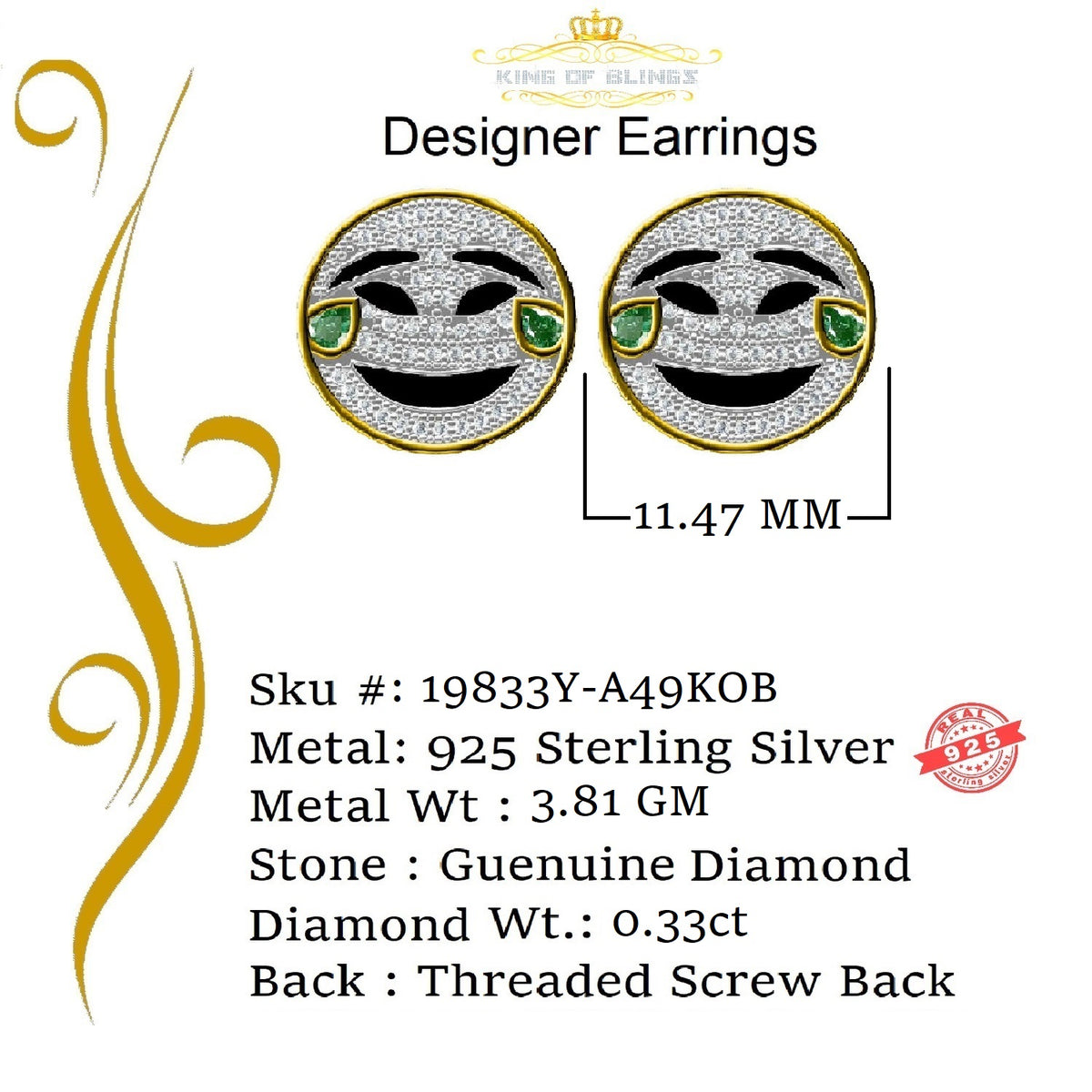 King Of Bling's 925 Sterling Yellow Silver 0.33ct Diamond Men & Women Face with tear joy Earring KING OF BLINGS