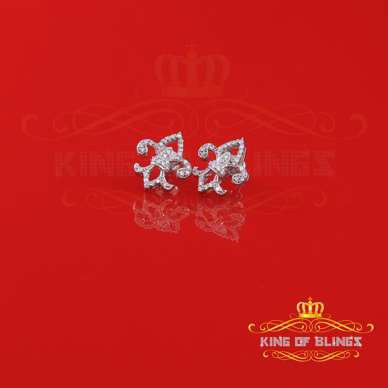 King of Bling's 0.60ct Cubic Zirconia 925 White Silver Women's Fleur de Lis Screw Back Earrings