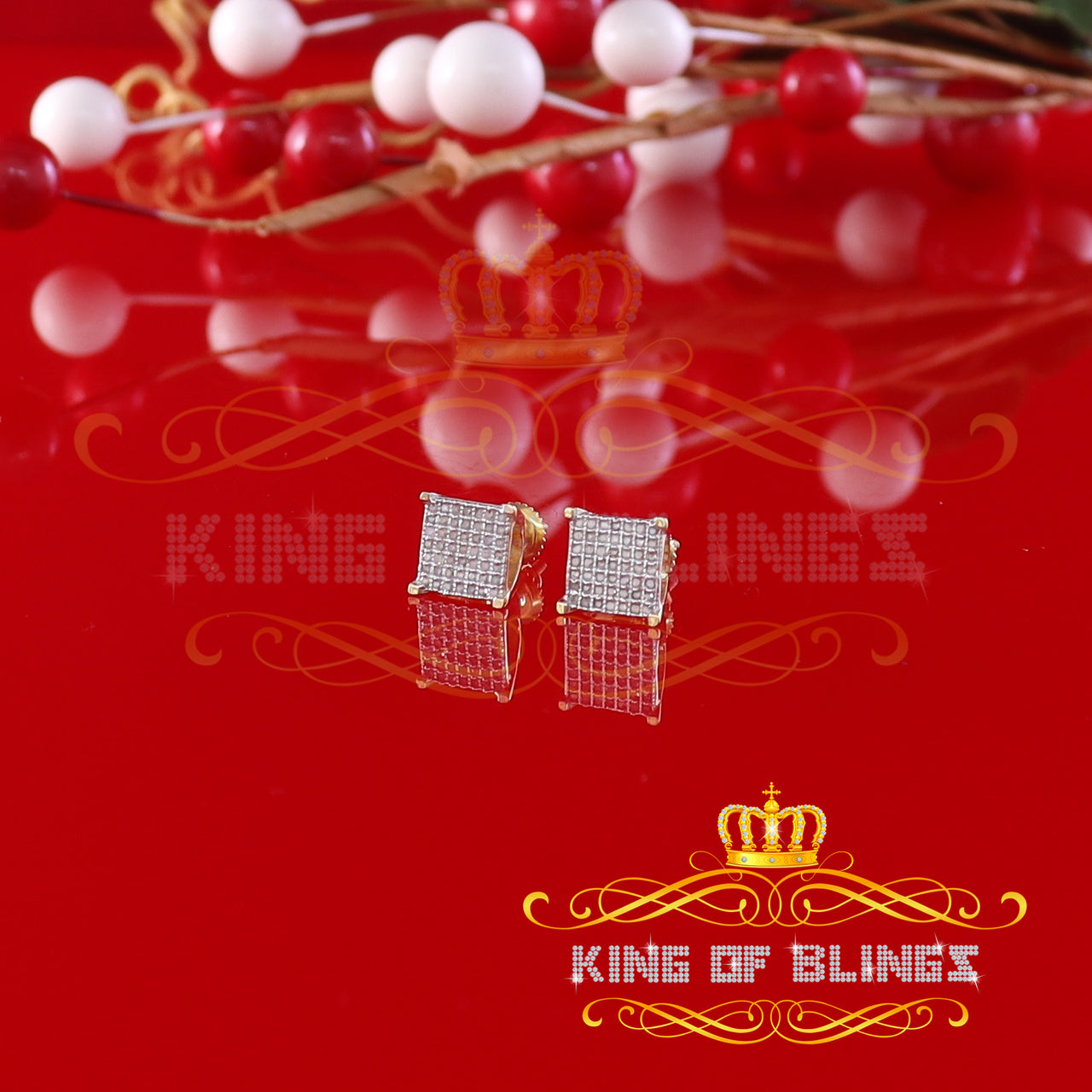 King of Blings-Aretes Para Hombre 925 Yellow Silver 0.25ct Square Diamond Stud men's Earrings