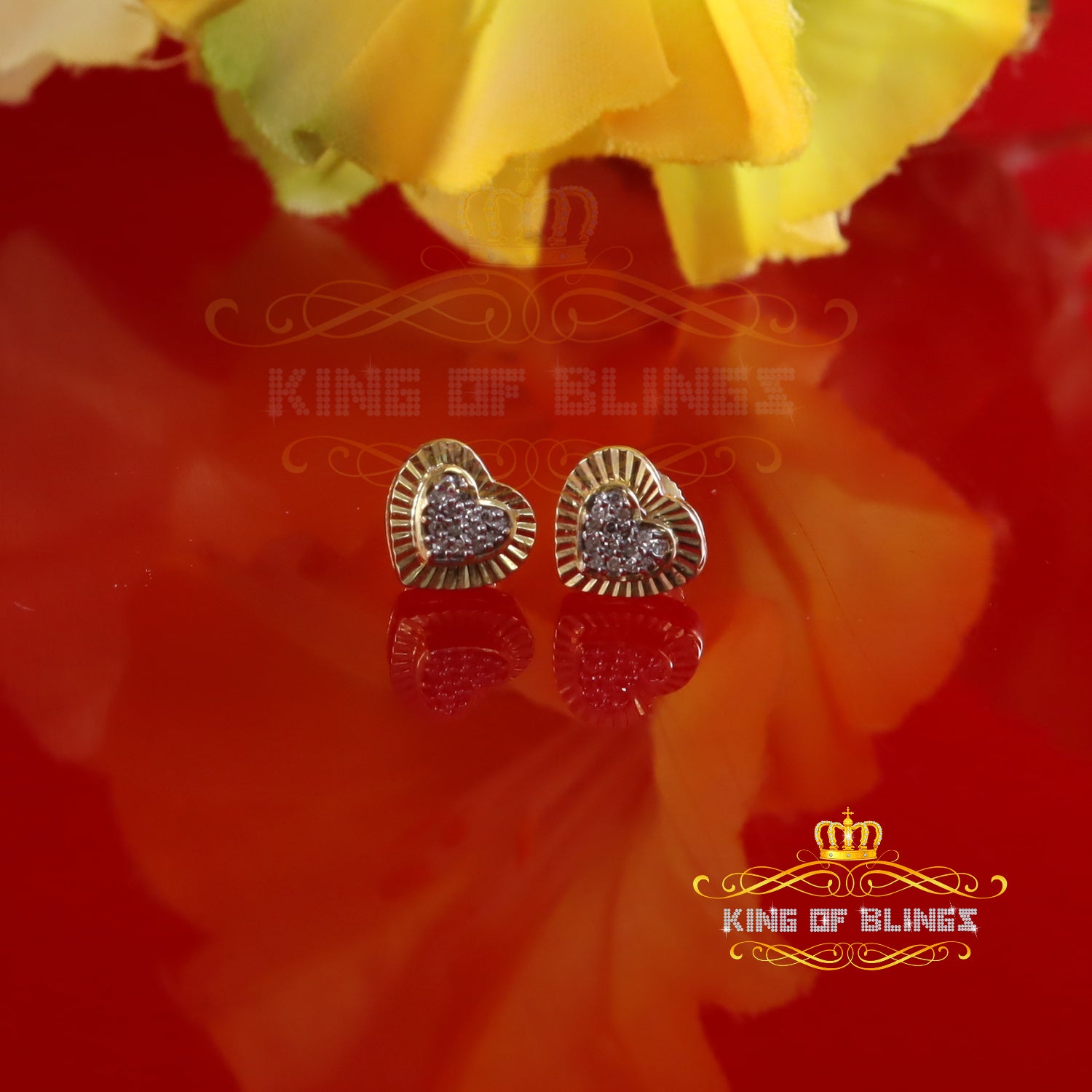King Of Bling's 10K Real Yellow Gold with Real 0.10ct Diamonds Men's /Womens Stud Heart Earrings KING OF BLINGS