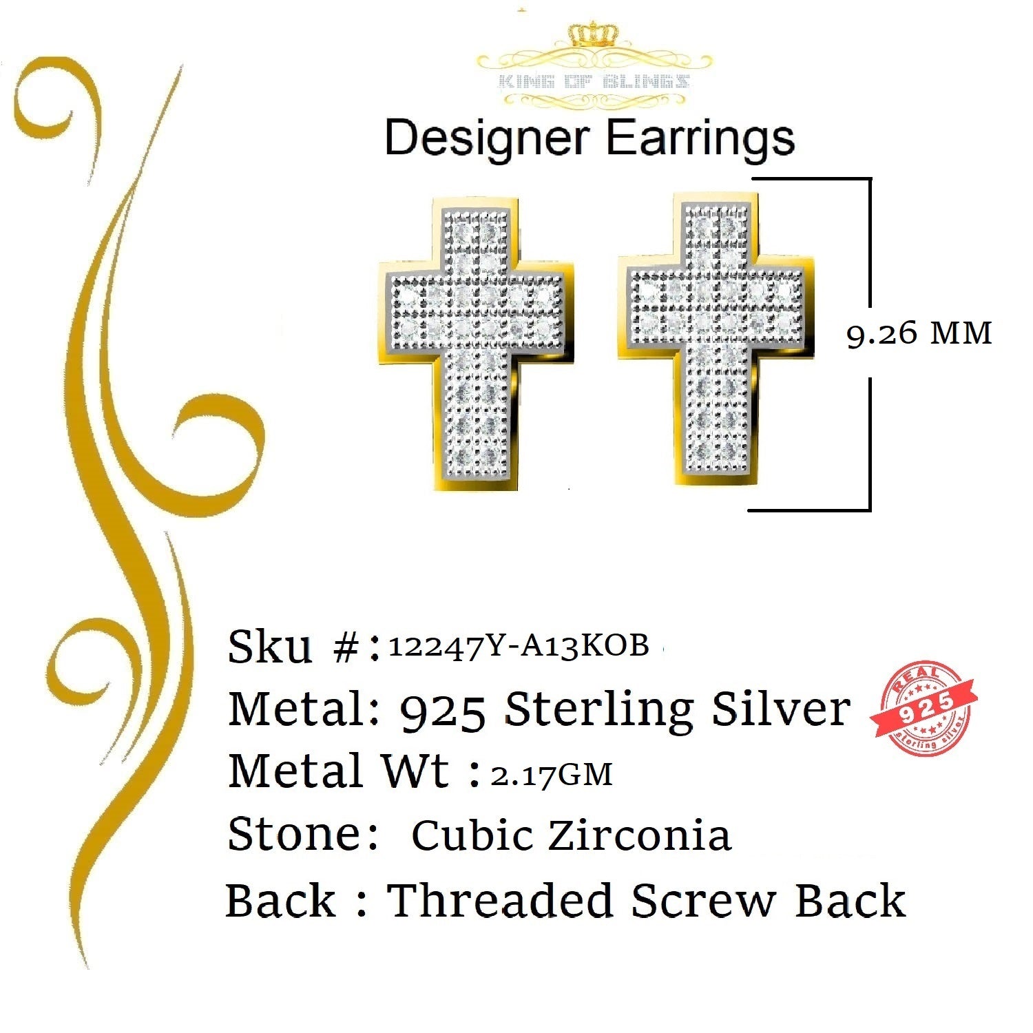 King of Bling's 0.48ct Cubic Zirconia 925 Yellow Sterling Silver Hip Hop Cross Women's Earrings KING OF BLINGS