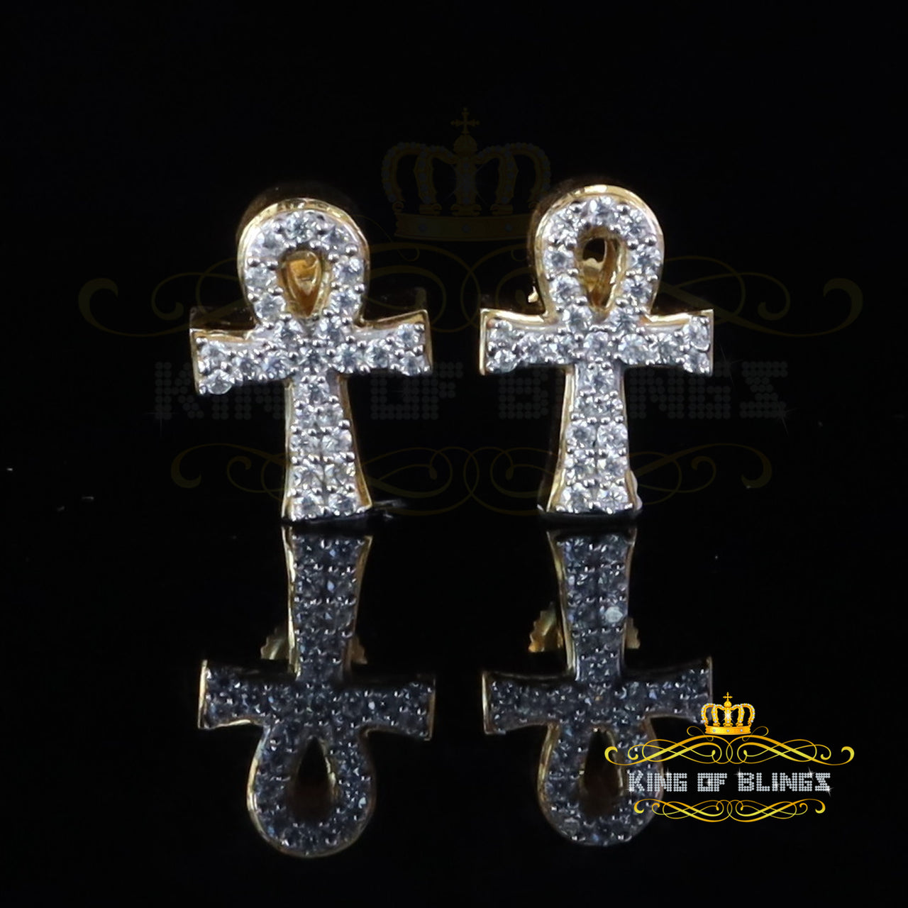 King  of Bling's 0.50ct VVS 'D' Moissanite Men's/Womens 925 Silver Yellow Ankh Stud Earrings KING OF BLINGS