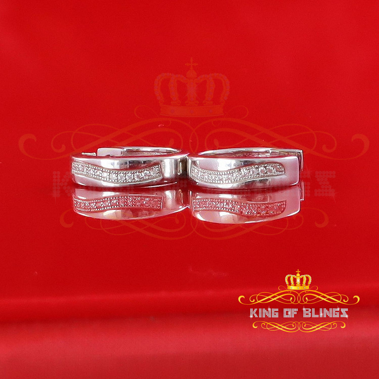 King of Bling's Mens hip hop white Gold 925 Sterling Silver Iced 1 row Huggie Hoop earrings