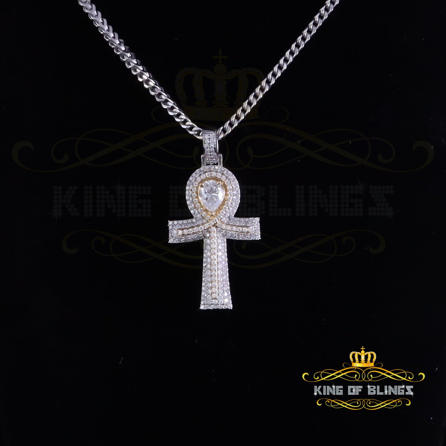King Of Bling's 4.00ct VVS D Silver Moissanite Pear Shape Stone White Charm Ankh Men's Pendant KING OF BLINGS