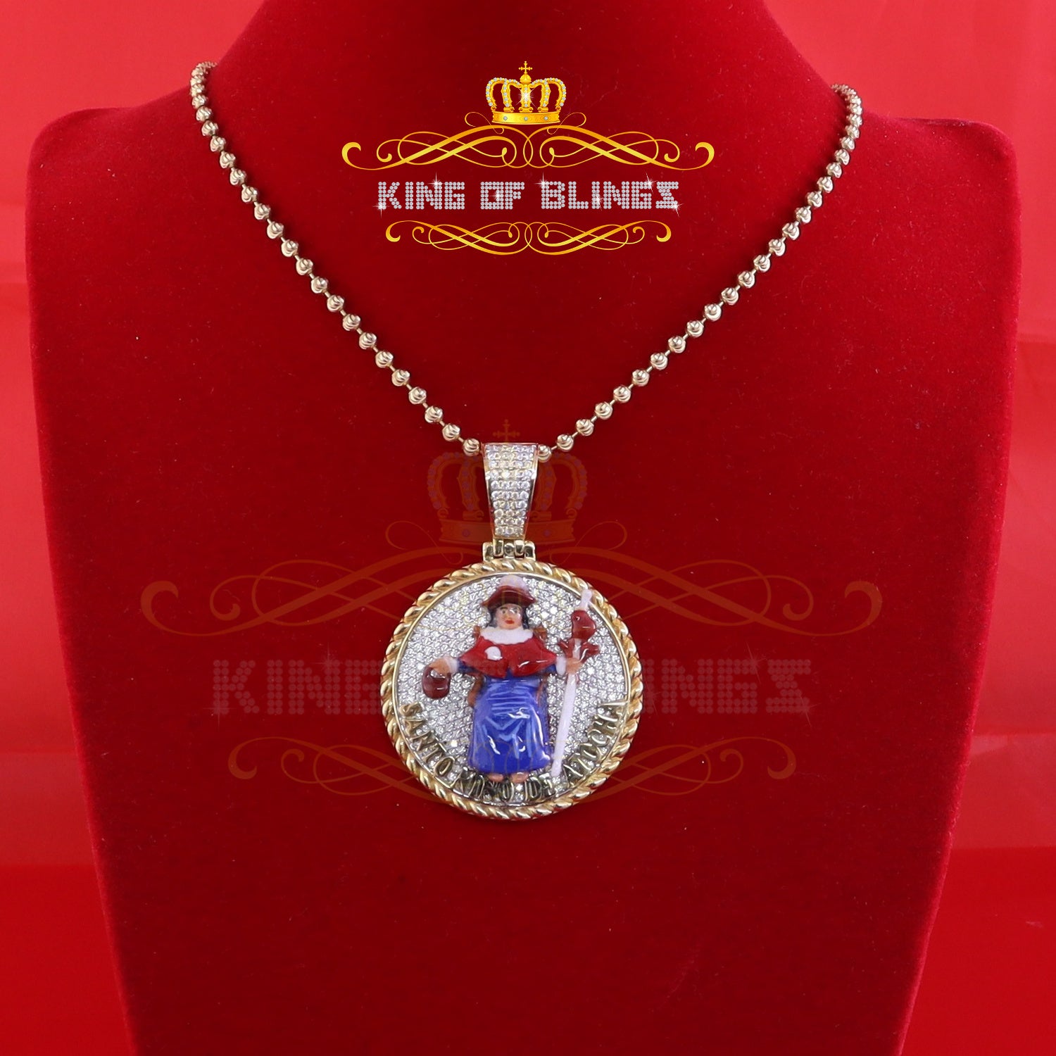 King Of Bling's SANTO NINO DEATOCHA Sterling Silver Yellow Pendant with 3.0ct Genuine Moissanite KING OF BLINGS