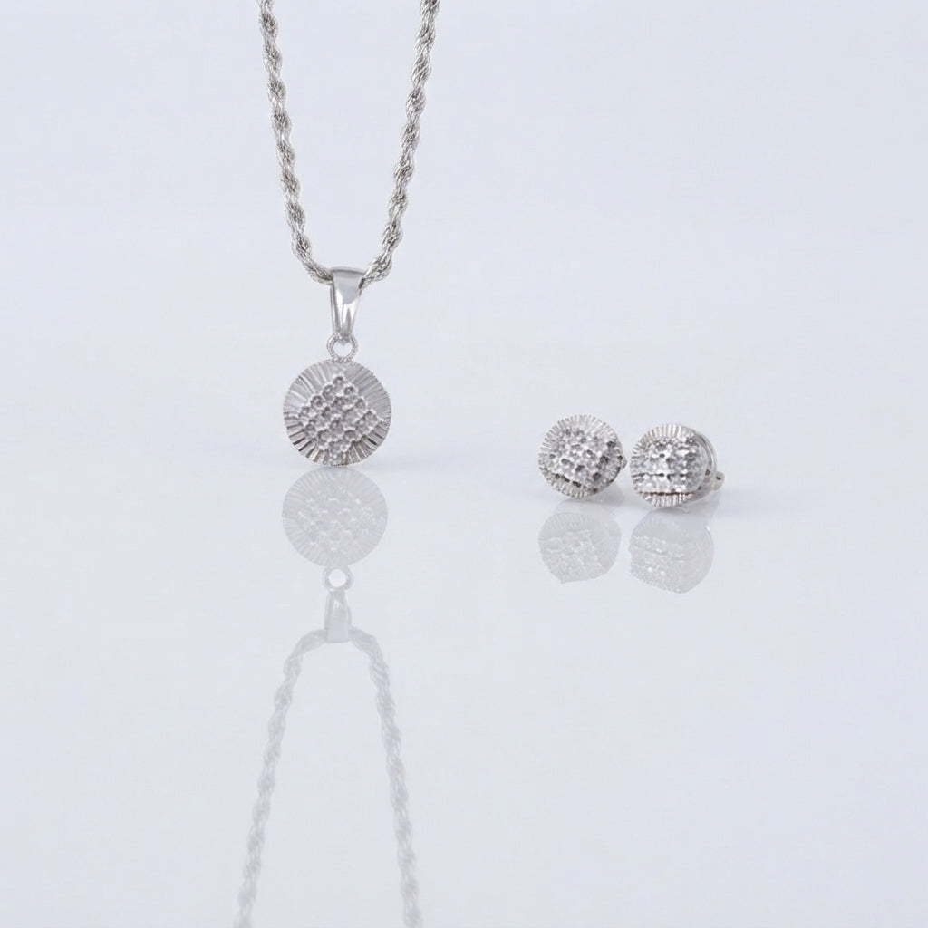King of Bling's 925 White Silver 0.33 CT Genuine Diamond Round Medallion Pendant & Earrings Set King of Blings