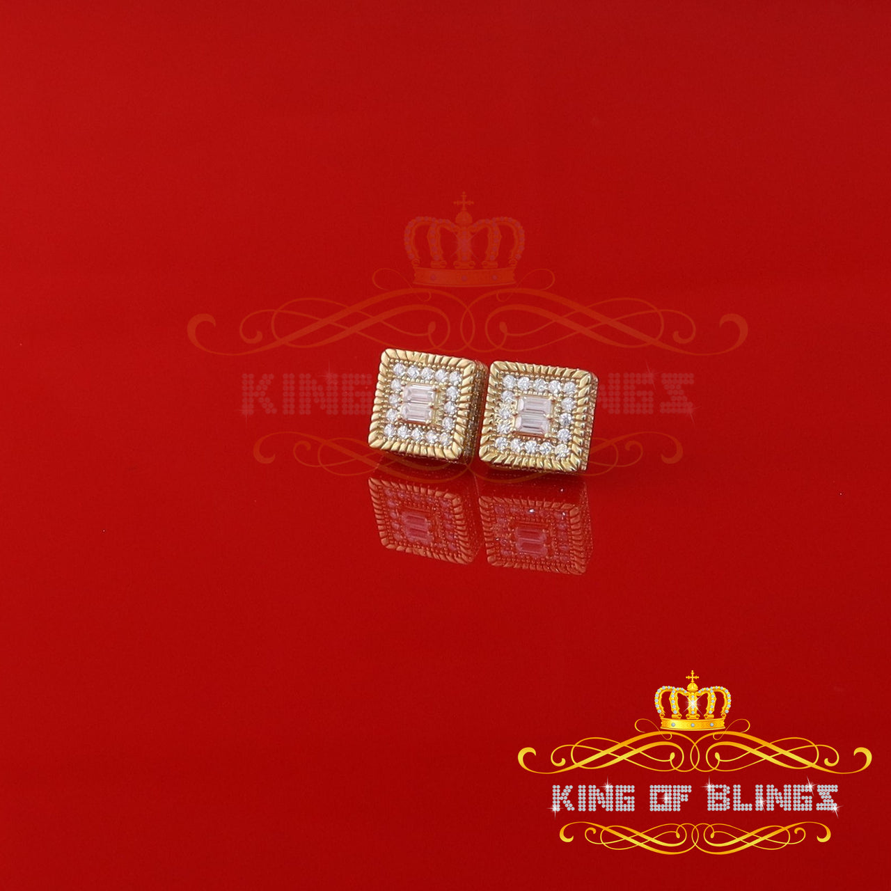 King  of Bling's 925 Yellow Silver 1.00ct VVS-D Moissanite Women's/Men's Square Stud Earrings KING OF BLINGS