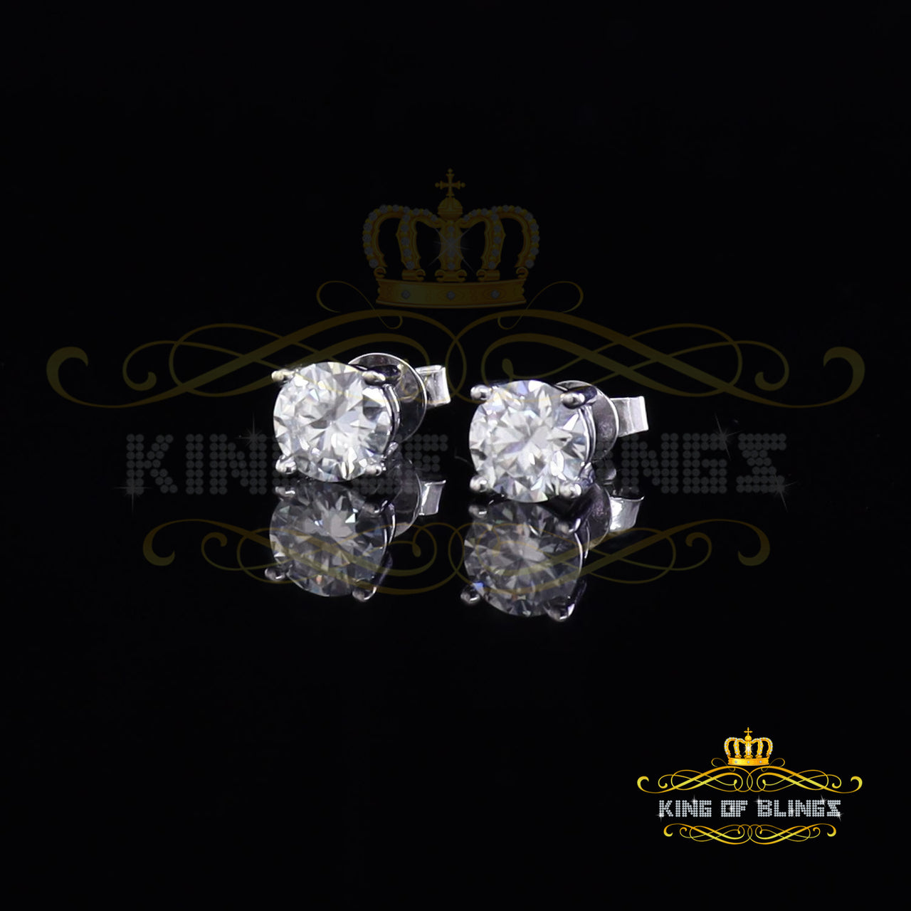 King Of Bling's 10K Real White Gold with 2.00ct Round VVS 'D' Color Moissanite Stud Earrings