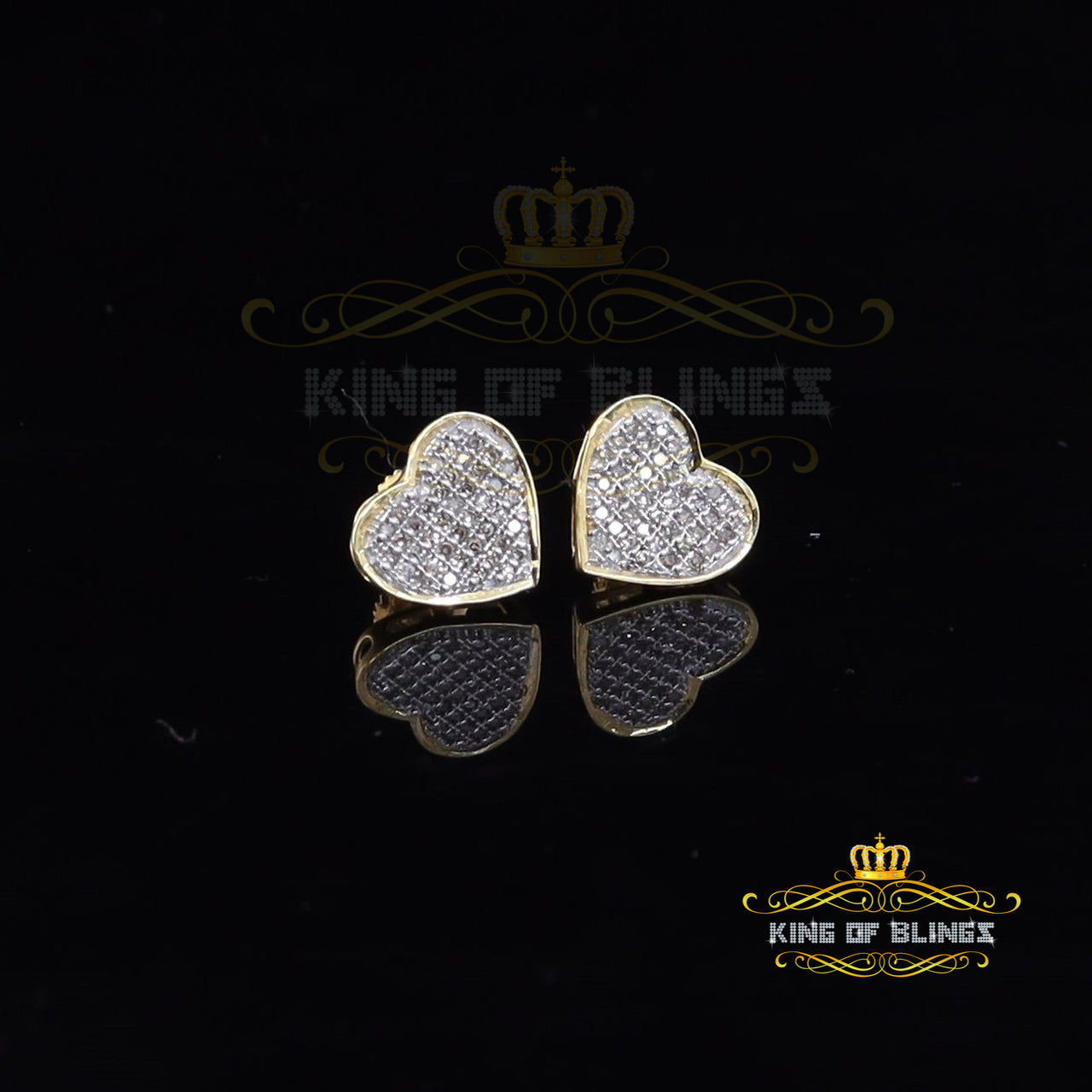 King Of Bling's Real 10K Yellow Gold Heart Round Stud 8.58mm Earrings with Real 0.25CT Diamonds KING OF BLINGS