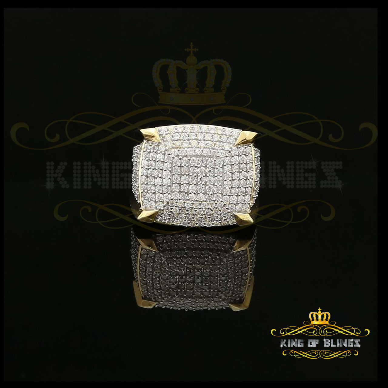 King Of Bling's Men's Yellow Silver 4.50ct Cubic Zirconia Square Adjustable Ring From SZ 8 to 10 KING OF BLINGS