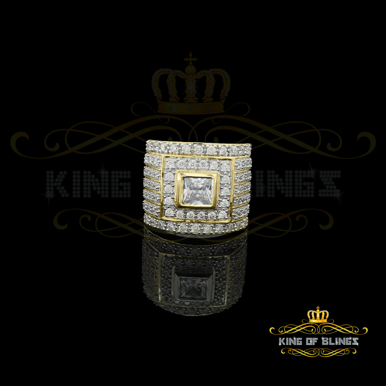 King Of Bling's 925 Sterling Yellow Silver Square 5.25ct Cubic Zirconia Fancy Men's Ring Size 10 KING OF BLINGS