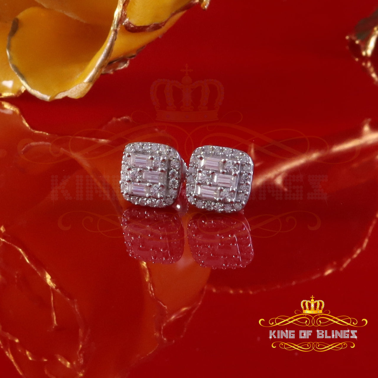 King of Bling's 0.75ct VVS 'D' Baguette Moissanite Men's/Womens 925 Silver White Stud Earrings KING OF BLINGS