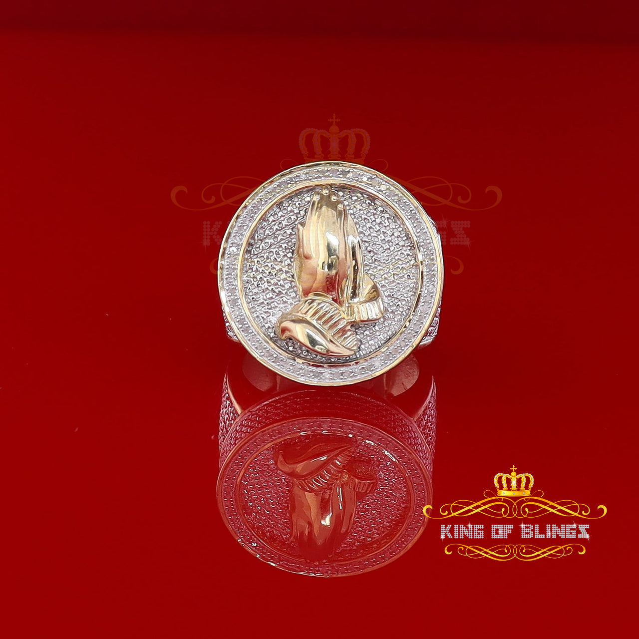 King Of Bling's Real Diamond 0.25CT Men's Silver Yellow Round Adjustable Ring From SZ 11 to 13