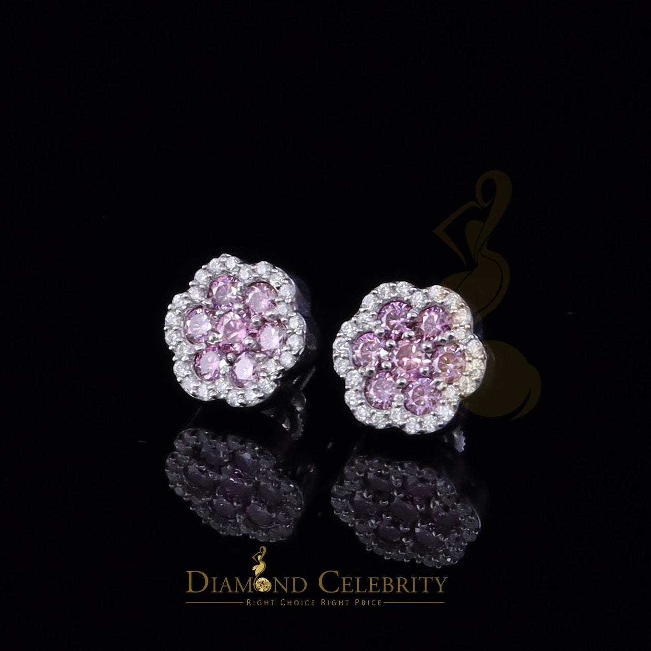 Diamondcelebritess Men's/Women's 925 Silver White 1.50ct VVS D Pink Moissanite Floral Stud Earrings