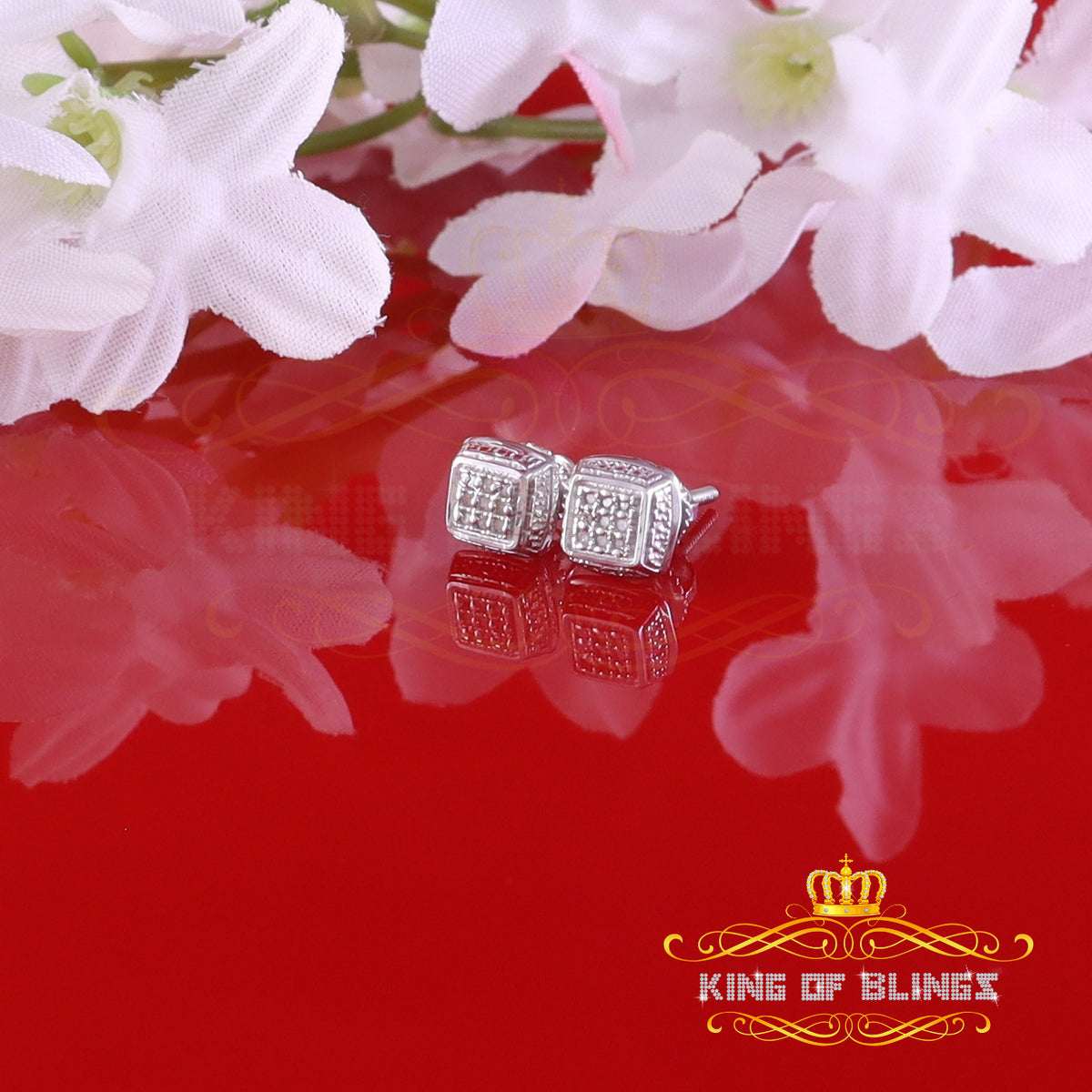 King Of Bling's 0.05ct Diamond Square Earrings For Women White 925 Sterling Silver Stud For Men KING OF BLINGS