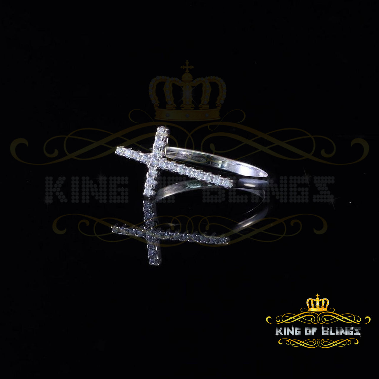 King Of Bling's925 Sterling White Silver 0.19CT Cubic Zirconia Womens Cross Ring Size 6