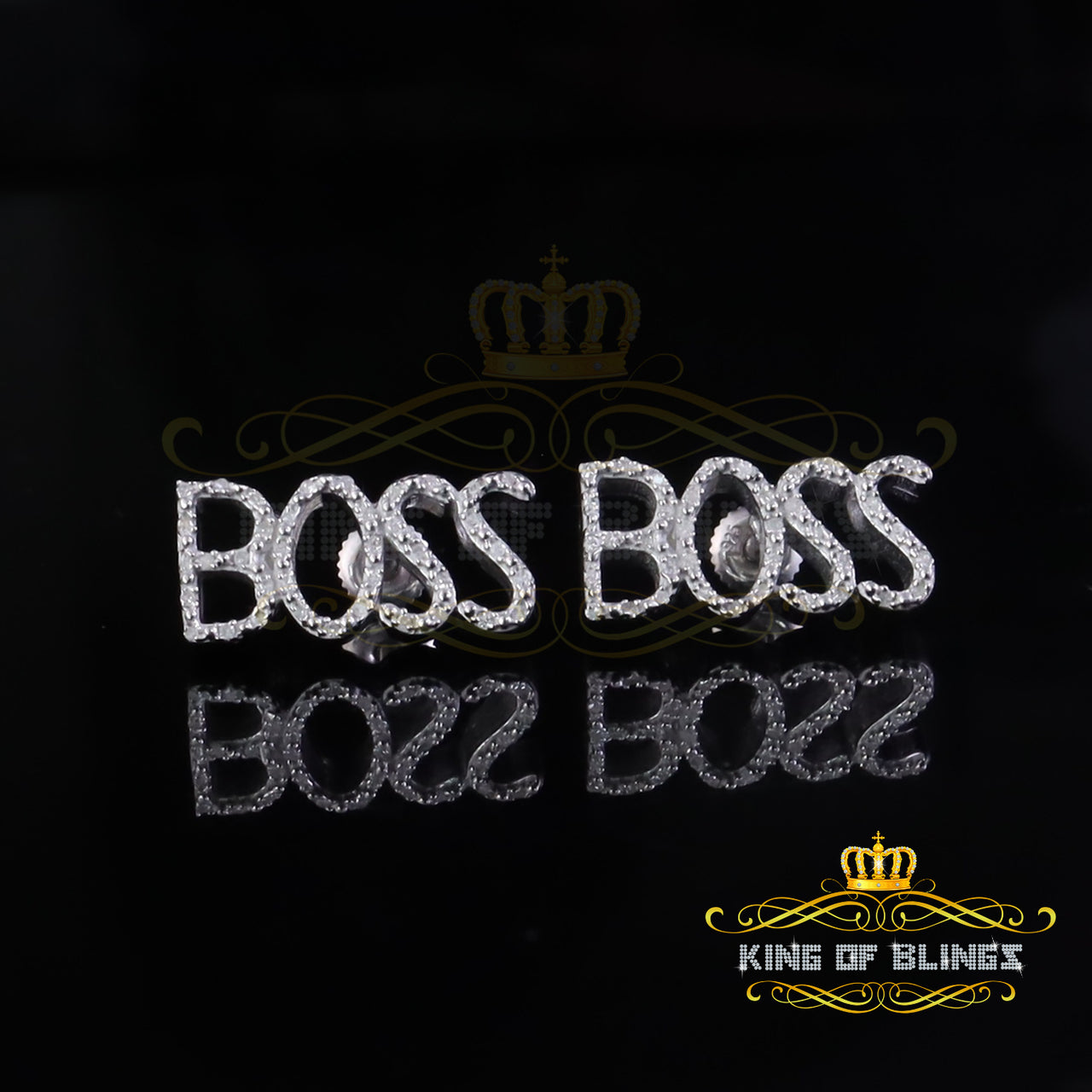 King Of Bling's 0.20 Ct White Natural 925 Sterling Silver BOSS Womens Diamonds Stud Earrings KING OF BLINGS
