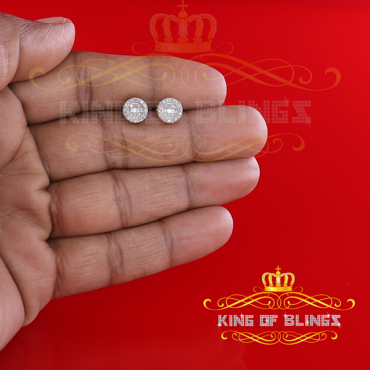King of Blings-Aretes Para Hombre 925 Yellow Silver 0.20ct Diamond Men's Style Round Earrings