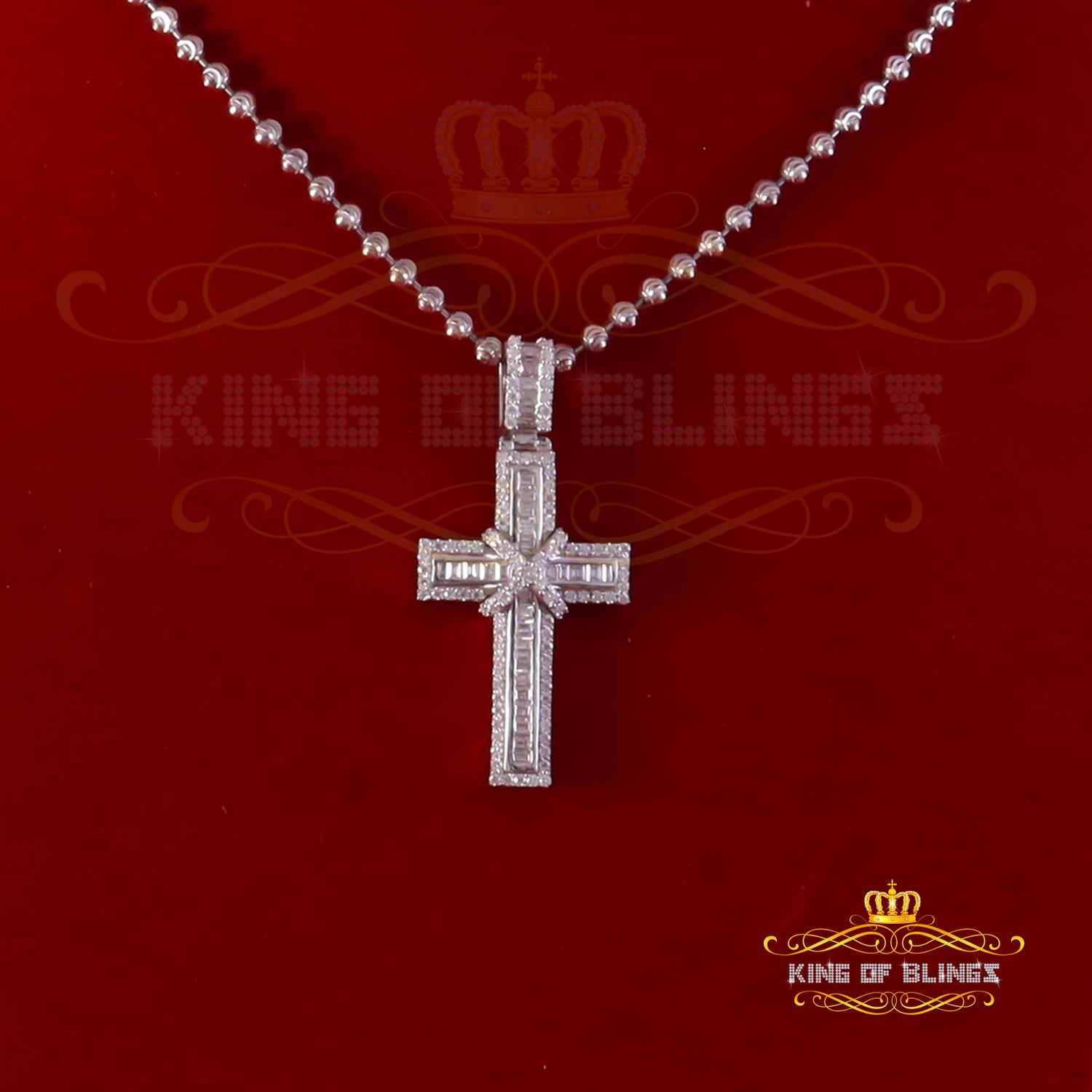 King Of Bling's Women's 925 White Silver 2.0ct VVS D Clr. Moissanite Baguette Cross Pendant for KING OF BLINGS