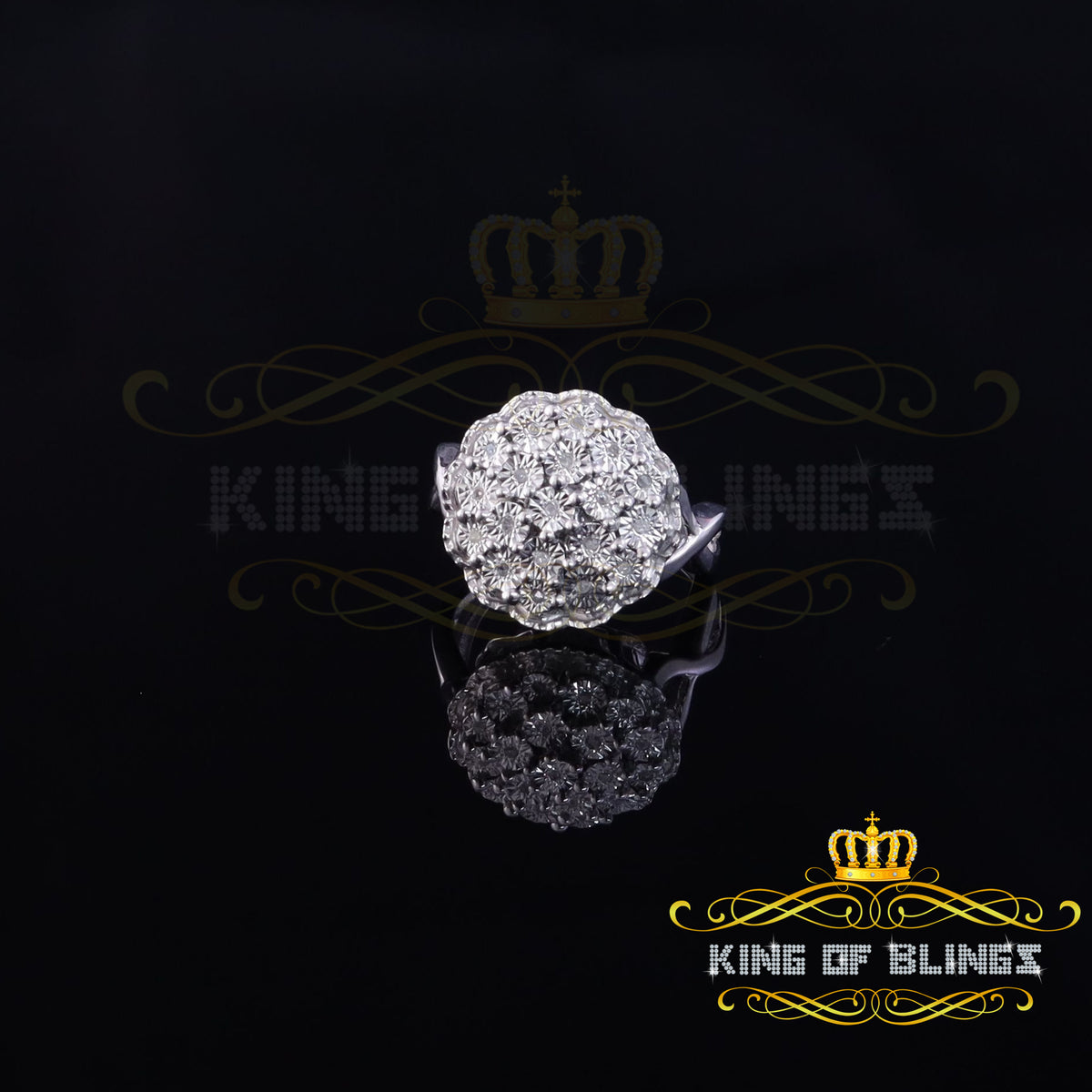 King Of Bling's 0.10CT Real Diamond 925 Sterling White Silver Womens Floral Ring Size 7 KING OF BLINGS