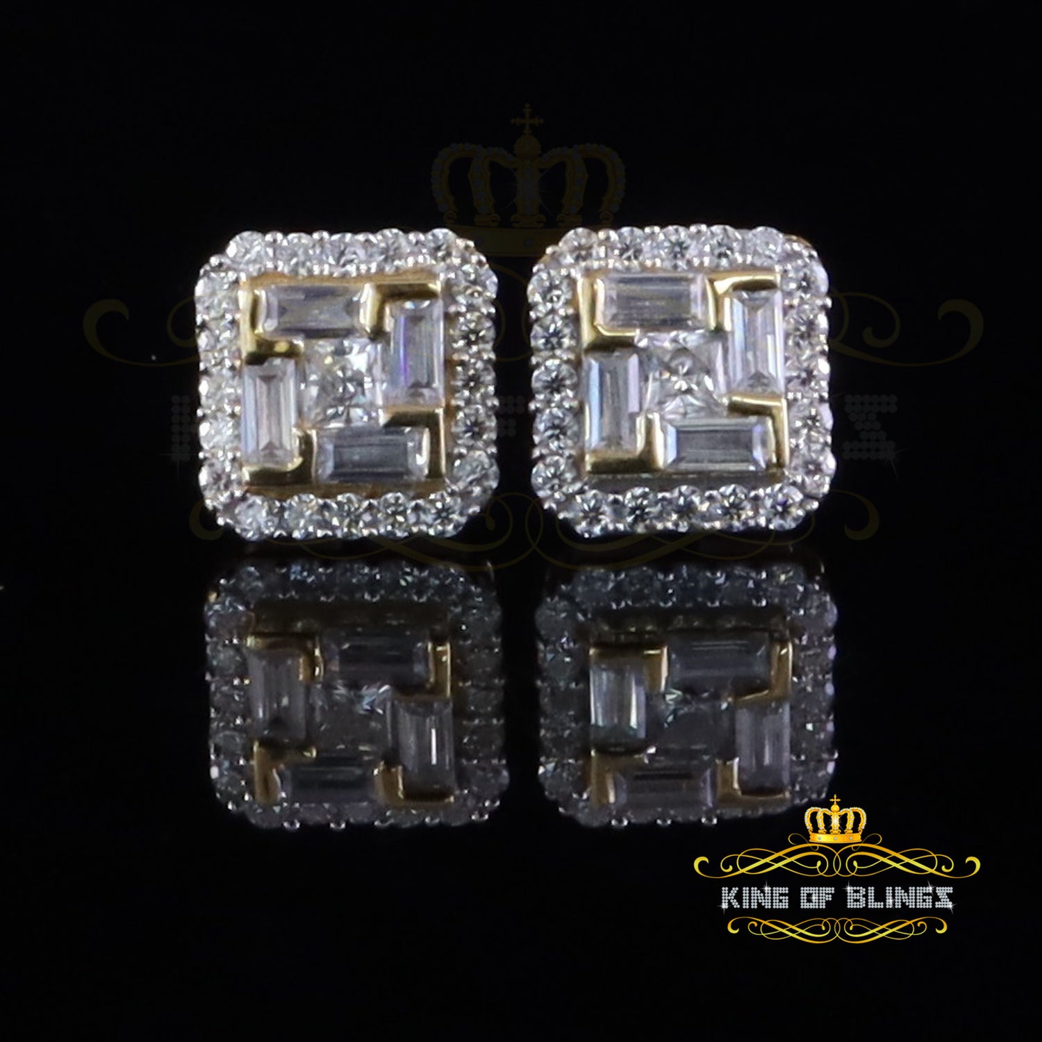King  of Bling's 1.25ct VVS 'D' Moissanite Men's/Womens 925 Silver Yellow Square Stud Earrings KING OF BLINGS
