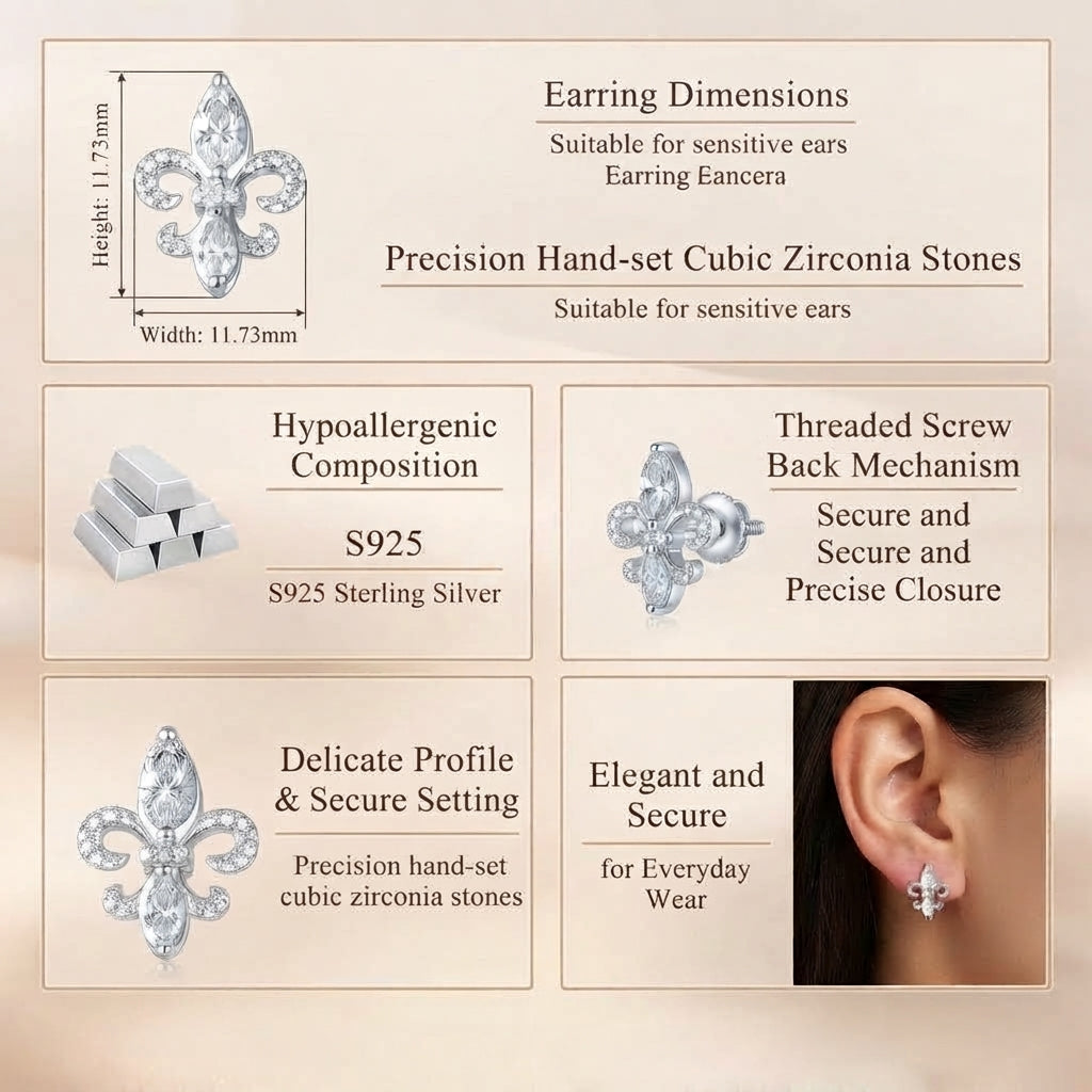 King of Bling's 925 White Silver Ladies Fleur de Lis Screw Back 2.43ct Cubic Zirconia Earrings KING OF BLINGS