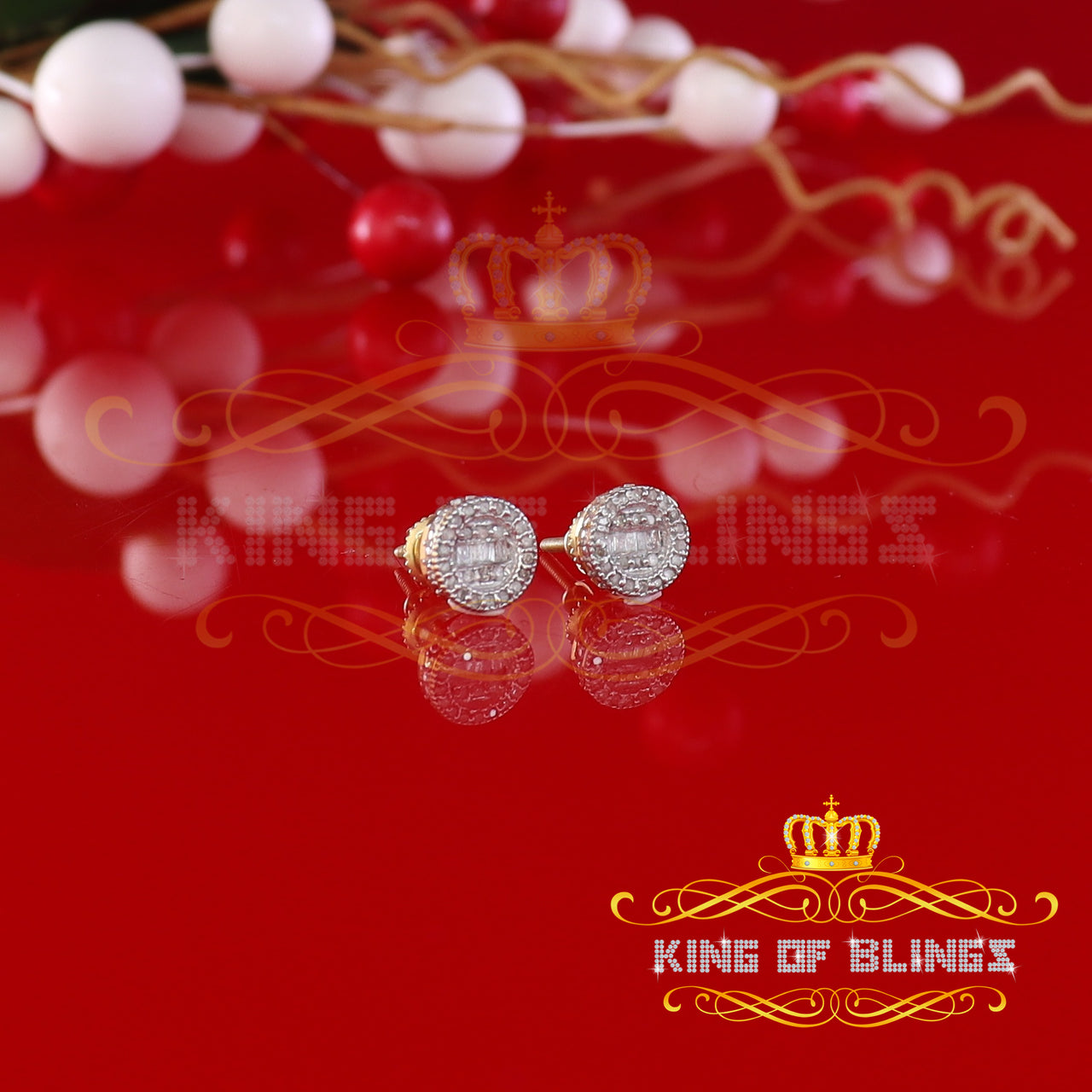 King of Blings-Aretes Para Hombre 925 Yellow Silver 0.20ct Diamond Men's Style Round Earrings