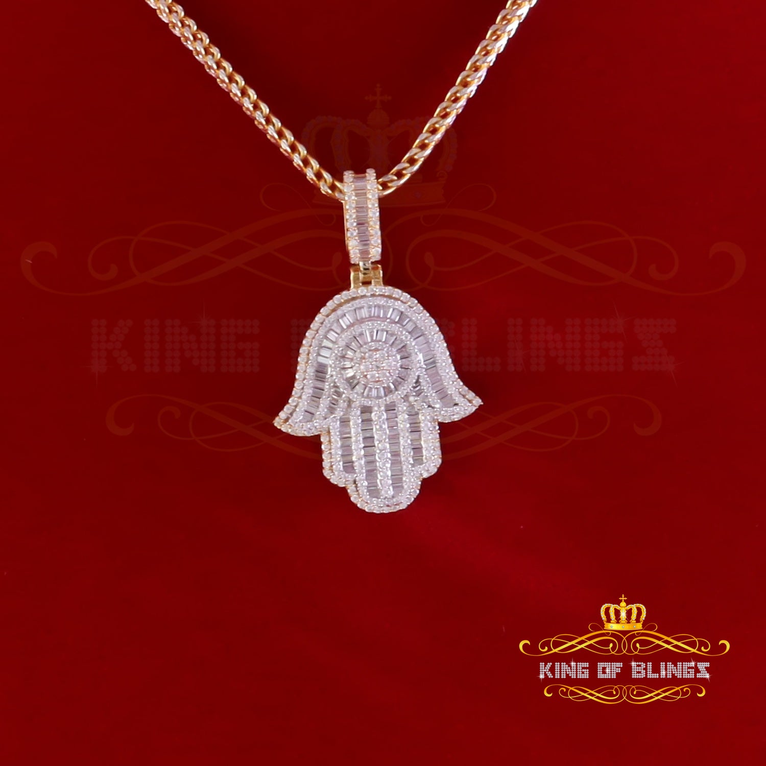 King Of Bling's 925 Moissanite Hamsa Silver Yellow Pendant 4.00ct VVS D Baggutte For Men & Women KING OF BLINGS
