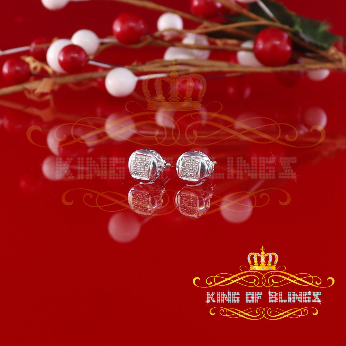 King Of Bling's 0.10ct Diamond 925 Sterling Silver White For Women's & Men's Round Stud Earring KING OF BLINGS