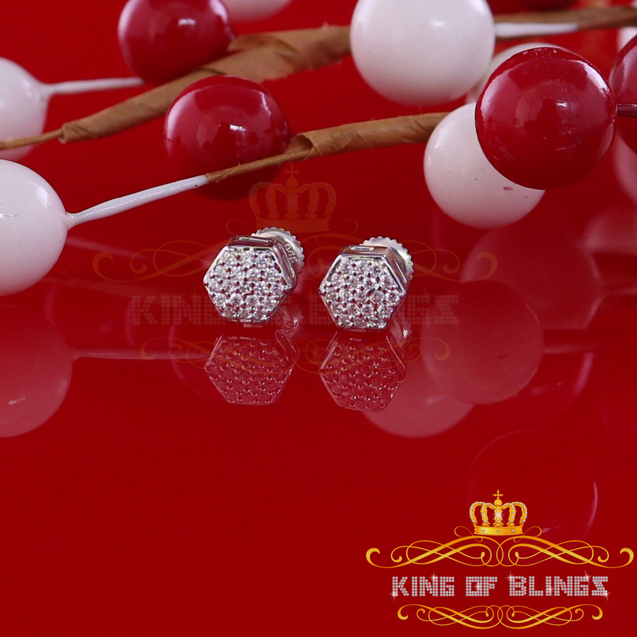 King of Bling's White 925 Silver 0.38ct Cubic Zirconia Women's & Men's Hip Hop Hexagon Earrings