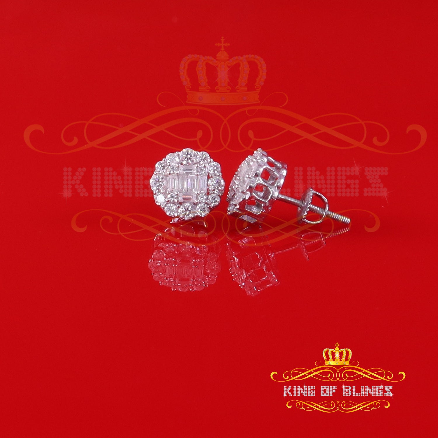 King of Blings Men's/Women Silver White 1.0ct VVS 'D' Moissanite Floral Baguette Earrings KING OF BLINGS