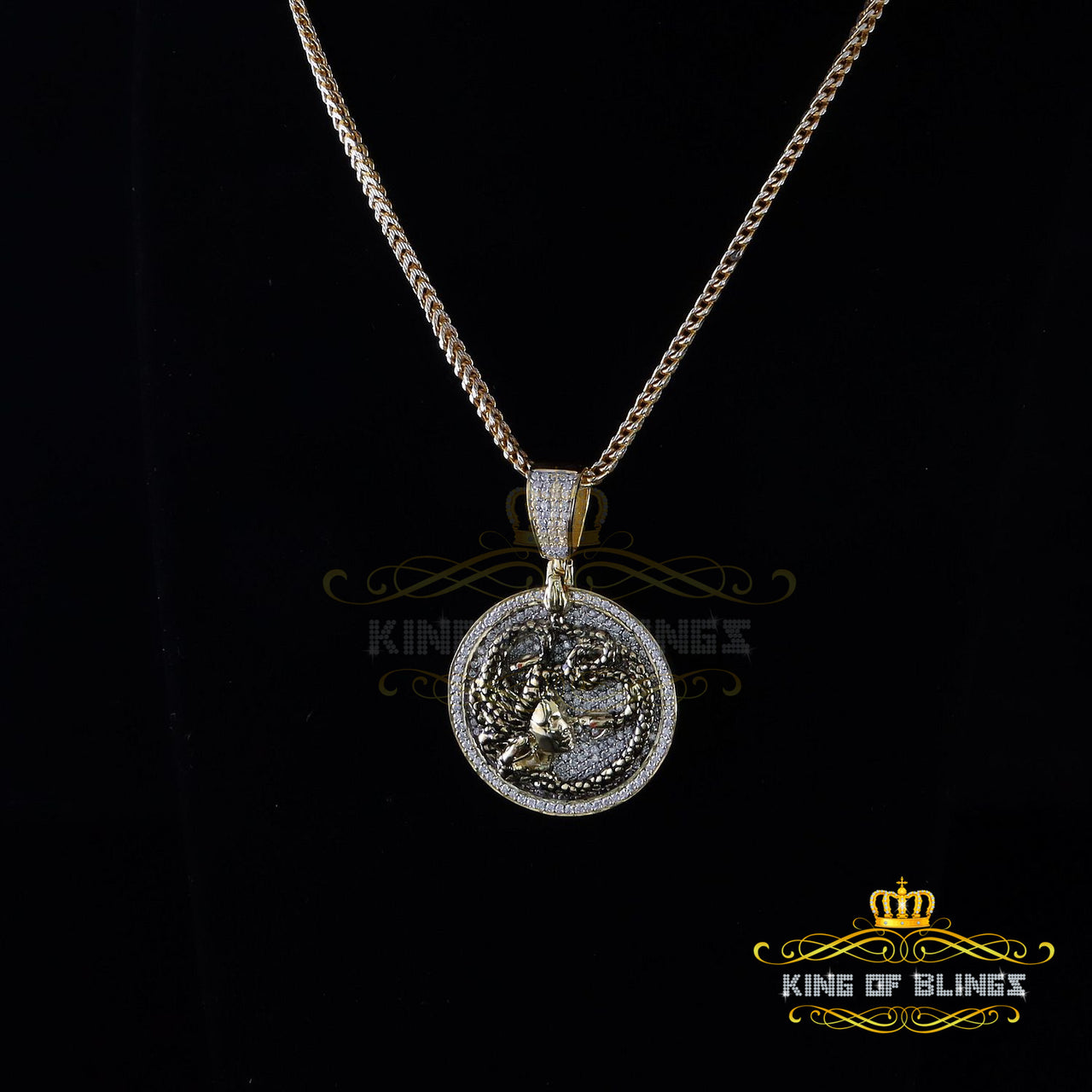 King Of Bling's Men's VVS ' IF'D' Moissanite 5.00CT Silver MEDUSA '1.50 'Circle Yellow Pendant