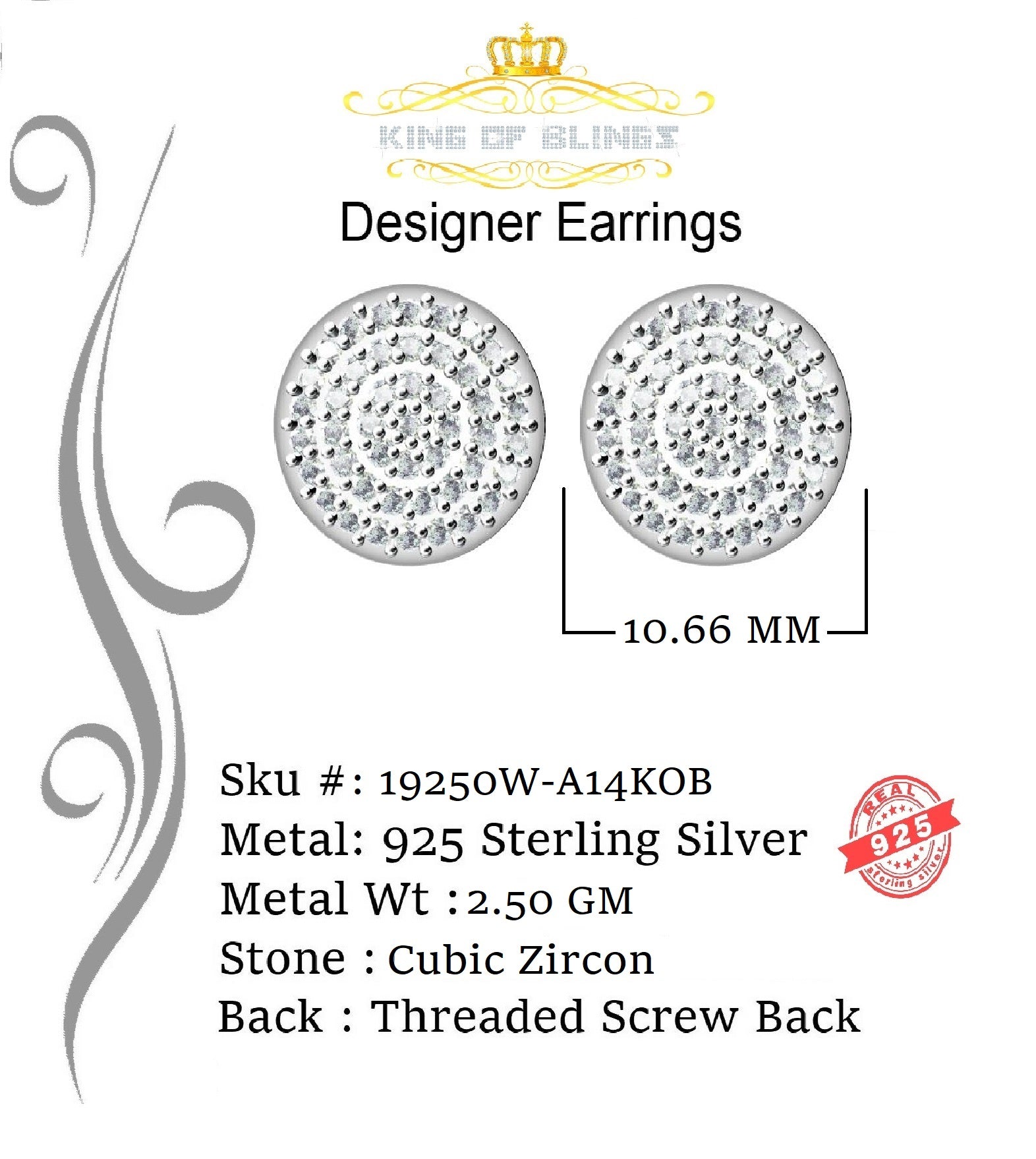 King of Blings- Aretes Para Hombre 925 White Silver 1.48ct Cubic Zirconia Round Women's Earring KING OF BLINGS