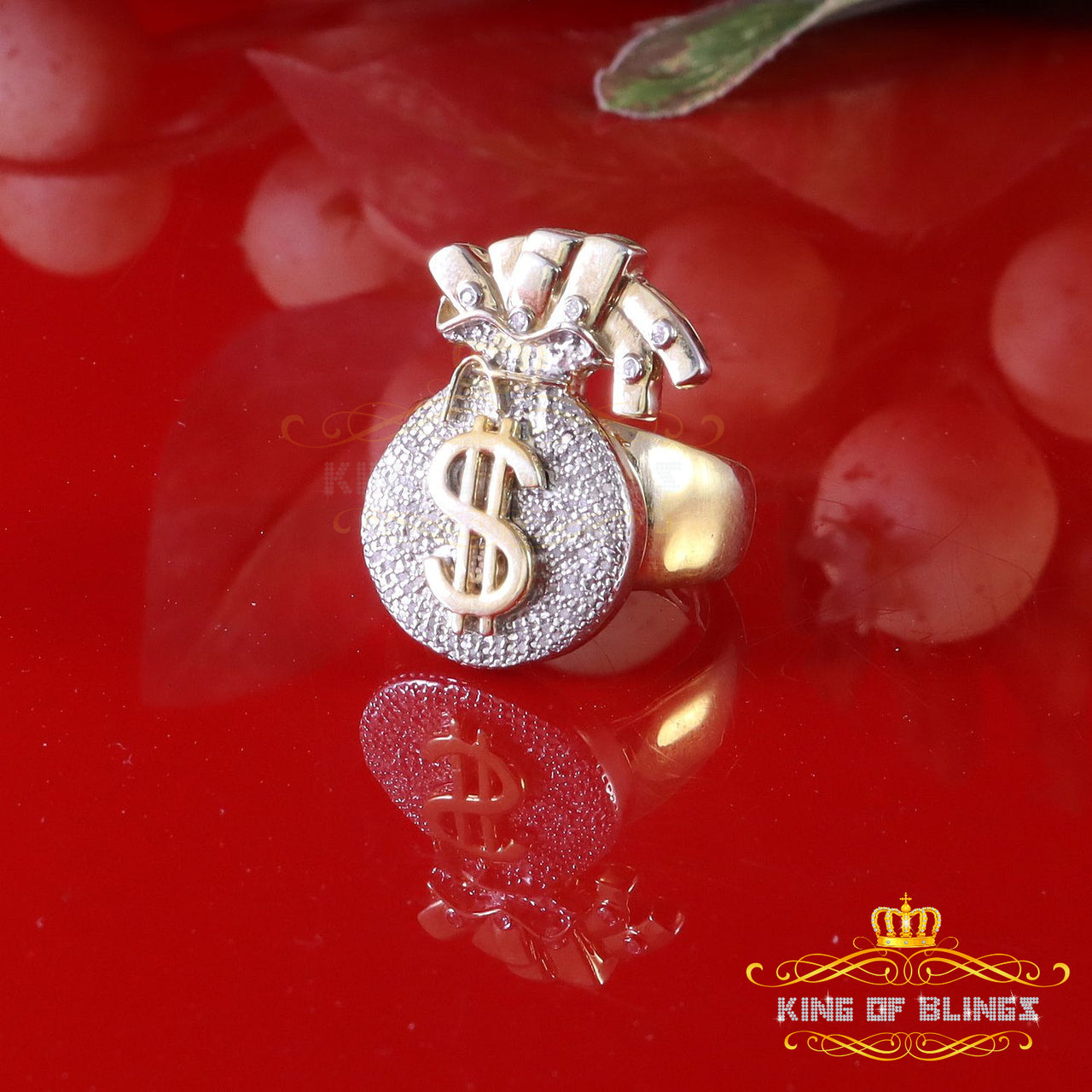 King Of Bling's 0.25 CT Real Diamond Money Bag 925 Sterling Silver Yellow Men's Ring Size 10.5