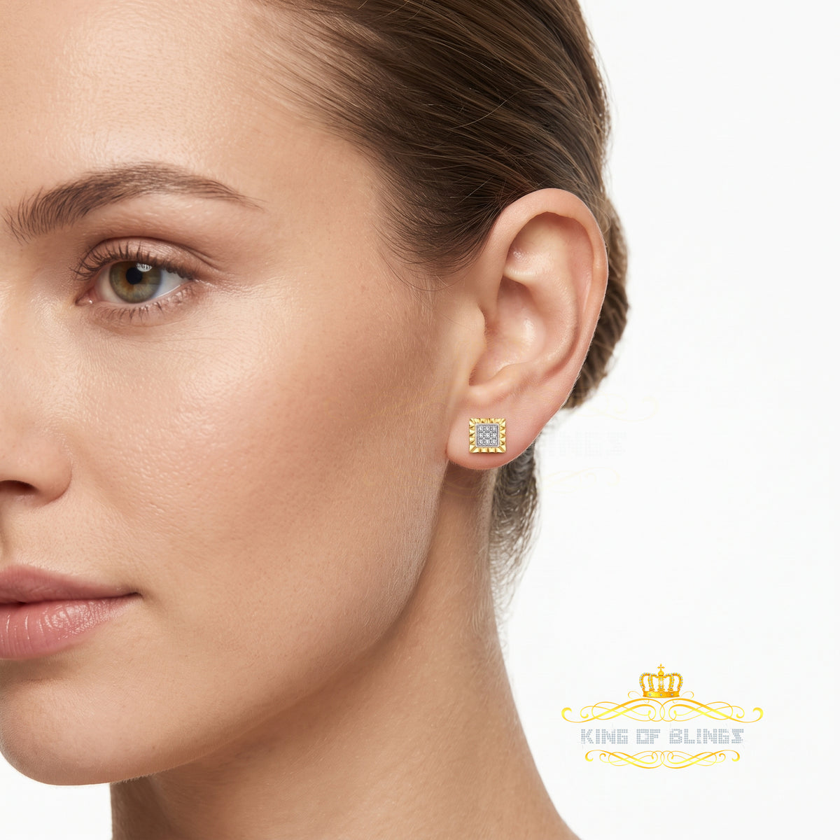 King Of Bling's 0.05ct Diamond For Yellow 925 Sterling Silver Men's & Women's Square Earrings KING OF BLINGS