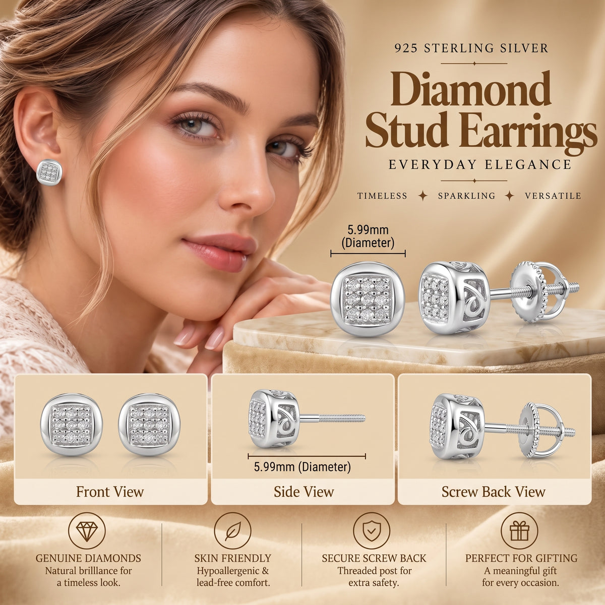 King Of Bling's 0.05ct Diamond 925 Sterling Silver White For Women's & Men's Round Stud Earring KING OF BLINGS