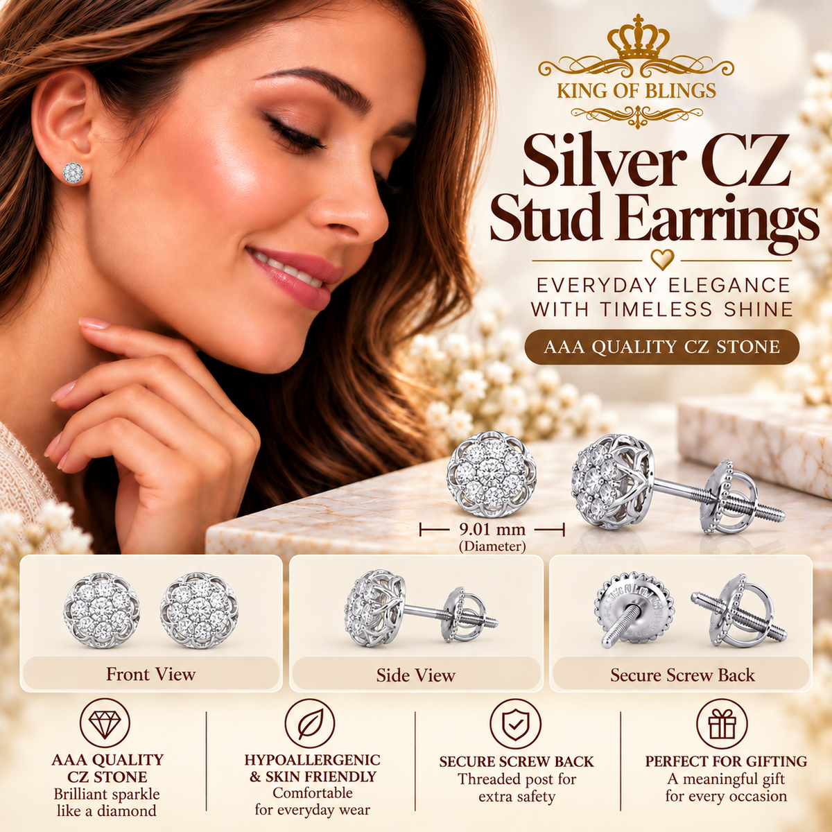 King of Bling's 1.14ct Cubic Zirconia 925 White Silver Women's & Men's Hip Hop Flower Earrings KING OF BLINGS