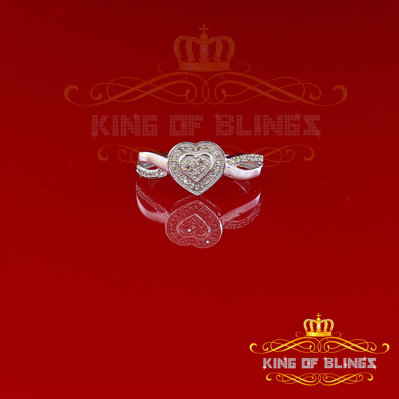 King Of Bling's Real Diamond 0.10 CT 925 Sterling White Silver Wedding Womens Heart Ring Size 7