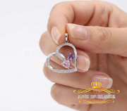 King Of Bling's Two Stones Pink Blue Heart Solitaire 0.1ct Silver Diamonds White Charm Pendant KING OF BLINGS