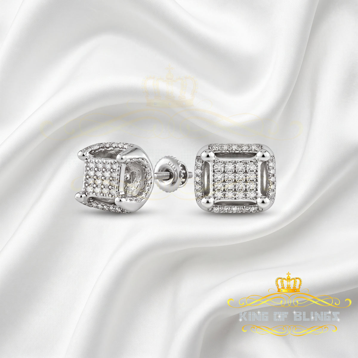 King Of Bling's 0.10 ct Real Diamond 3D Puff Cushion Square Crown White 925 Silver Stud Earrings KING OF BLINGS