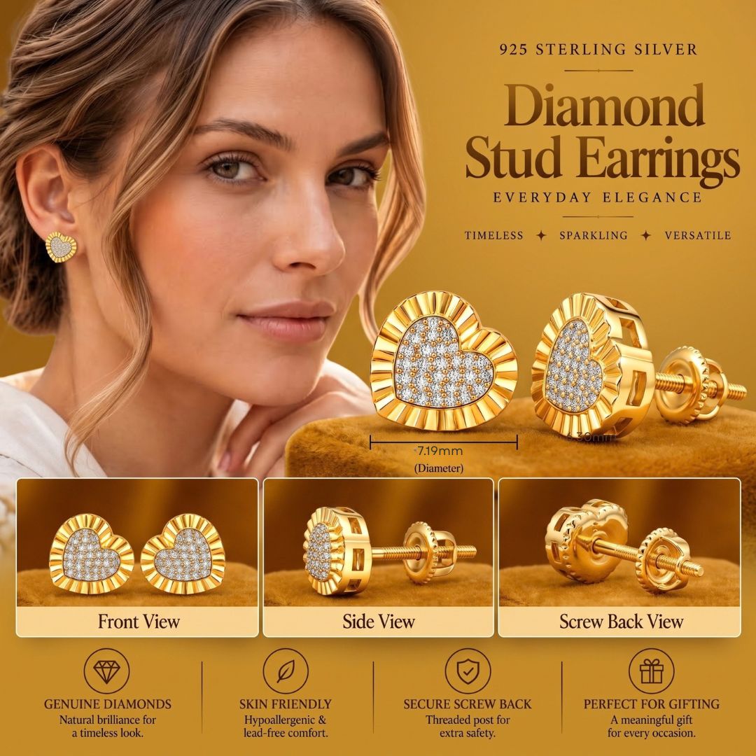 King Of Bling's Aretes Para Hombre Heart 925 Yellow Silver 0.10ct Diamond Women & Men Earrings KING OF BLINGS