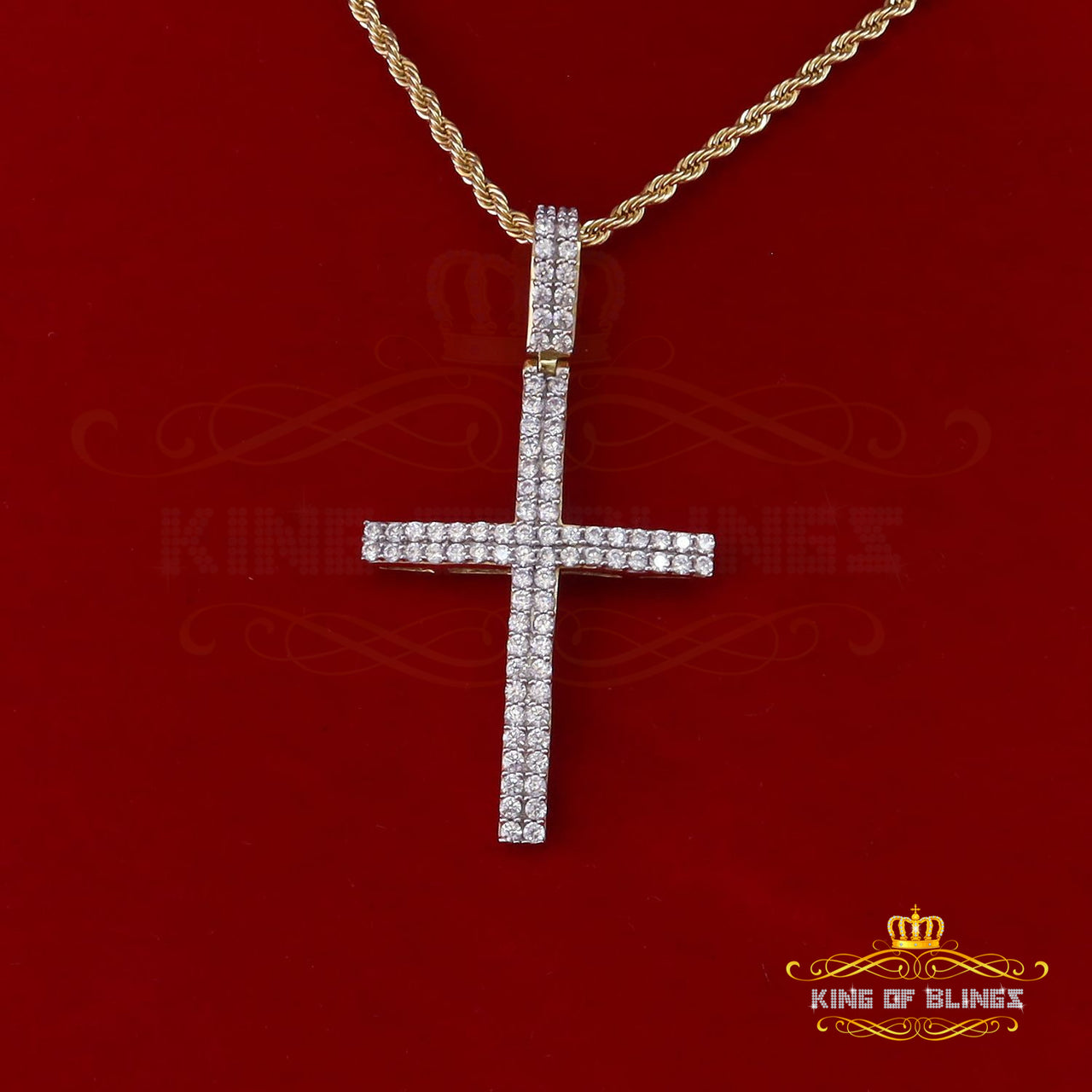 King of Bling's Yellow Sterling Silver CROSS Pendant with Cubic Zirconia Stone