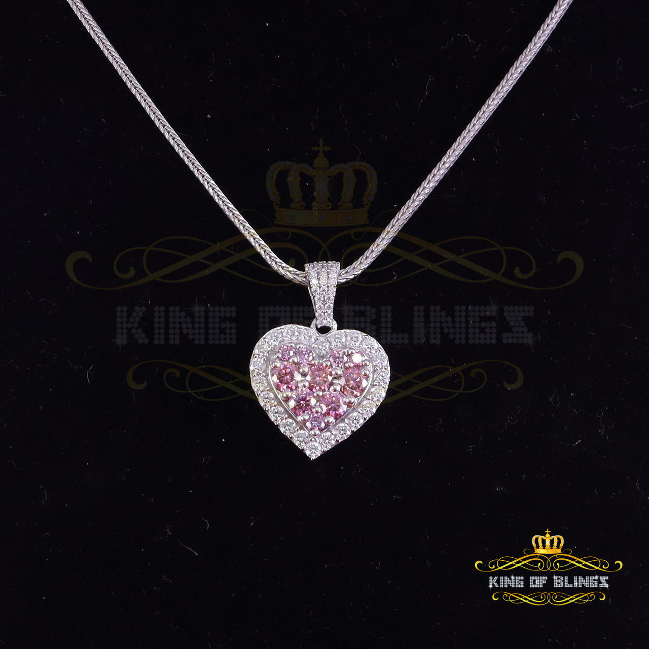 King Of Bling's Men's/Women's 925 Silver White 3.00ct VVS D Pink Moissanite Heart Shaped Pendant