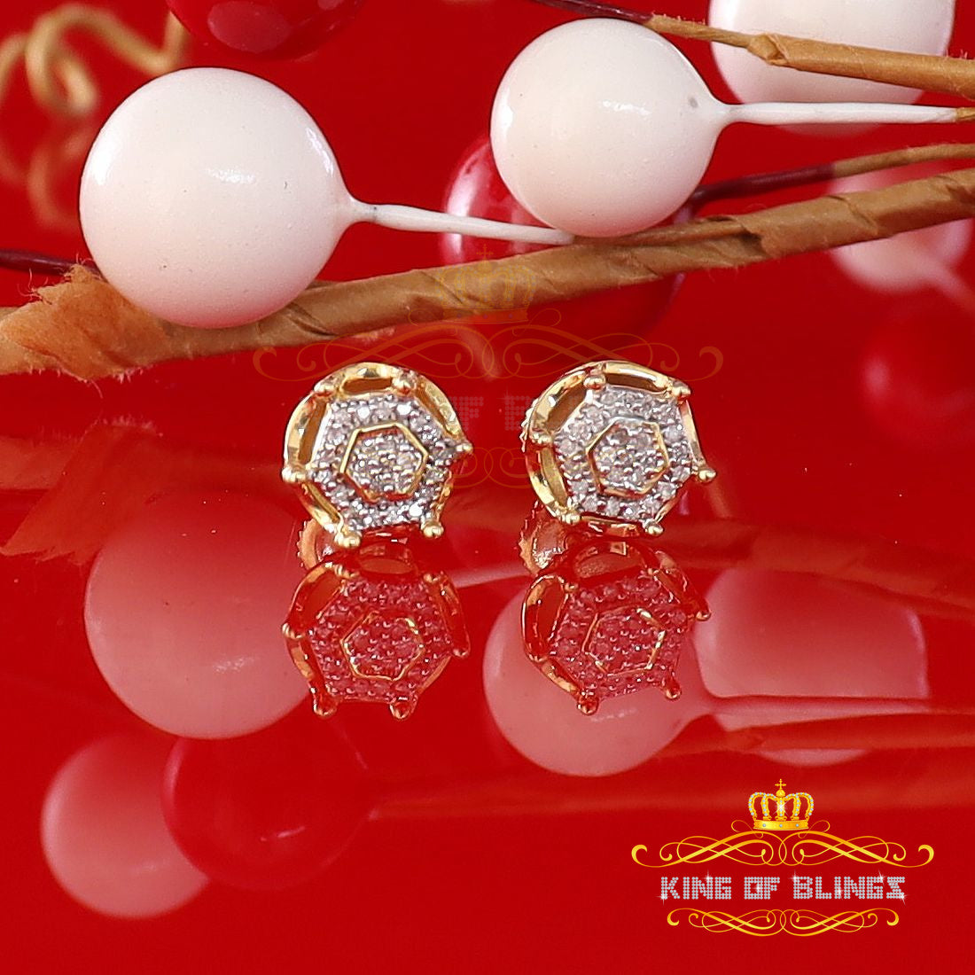 King Of Bling's 10K Real Yellow Gold with 0.10 CT Real Diamond Men's/Women's Stud Round Earrings