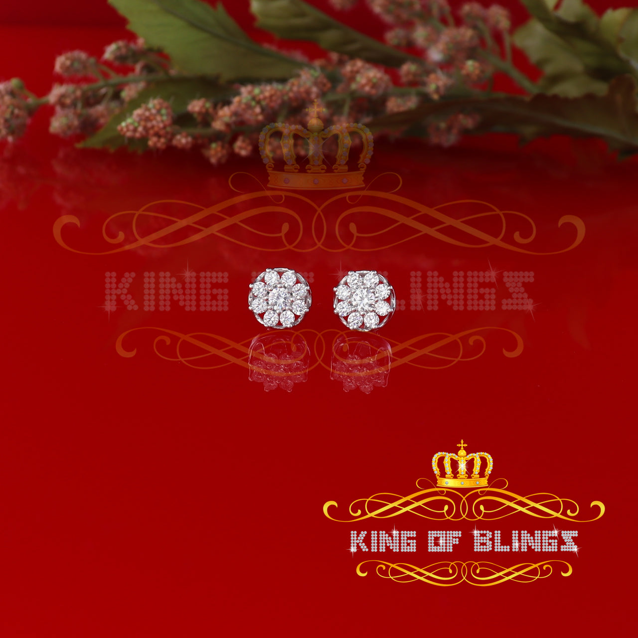 King of Blings- 1.94ct Cubic Zirconia 925 White Sterling Silver Women's Hip Hop Flower Earrings KING OF BLINGS
