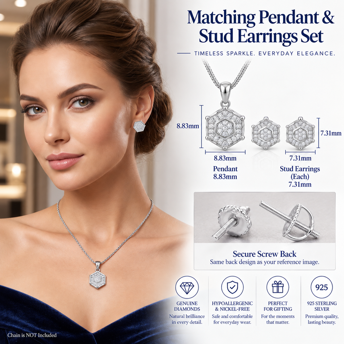 King of Bling's 925 Yellow Sterling Silver 0.33 CTW Genuine Diamond Round Hexagonal Shape Pendant & Earrings Set King of Blings